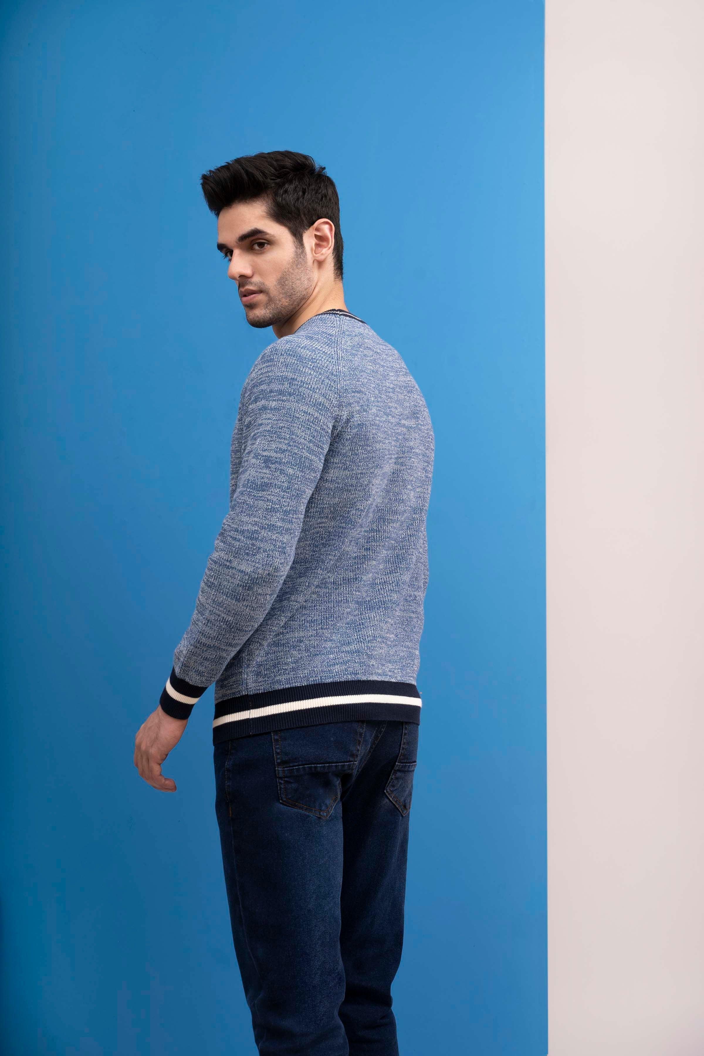 SWEATER ROUND NECK TIPPING FULL SLEEVES BLUE at Charcoal Clothing