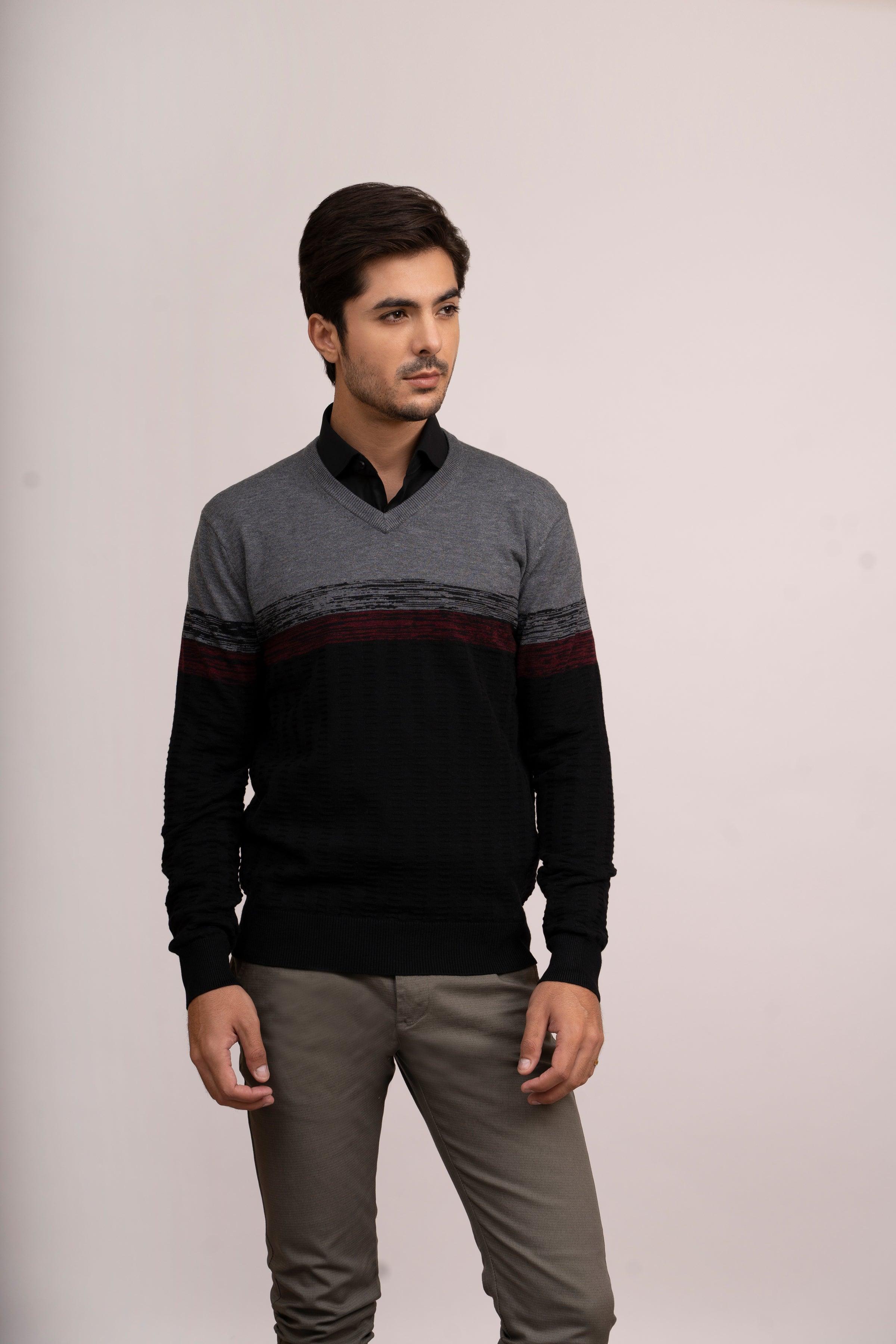 SWEATER V NECK F/S BLACK GREY at Charcoal Clothing