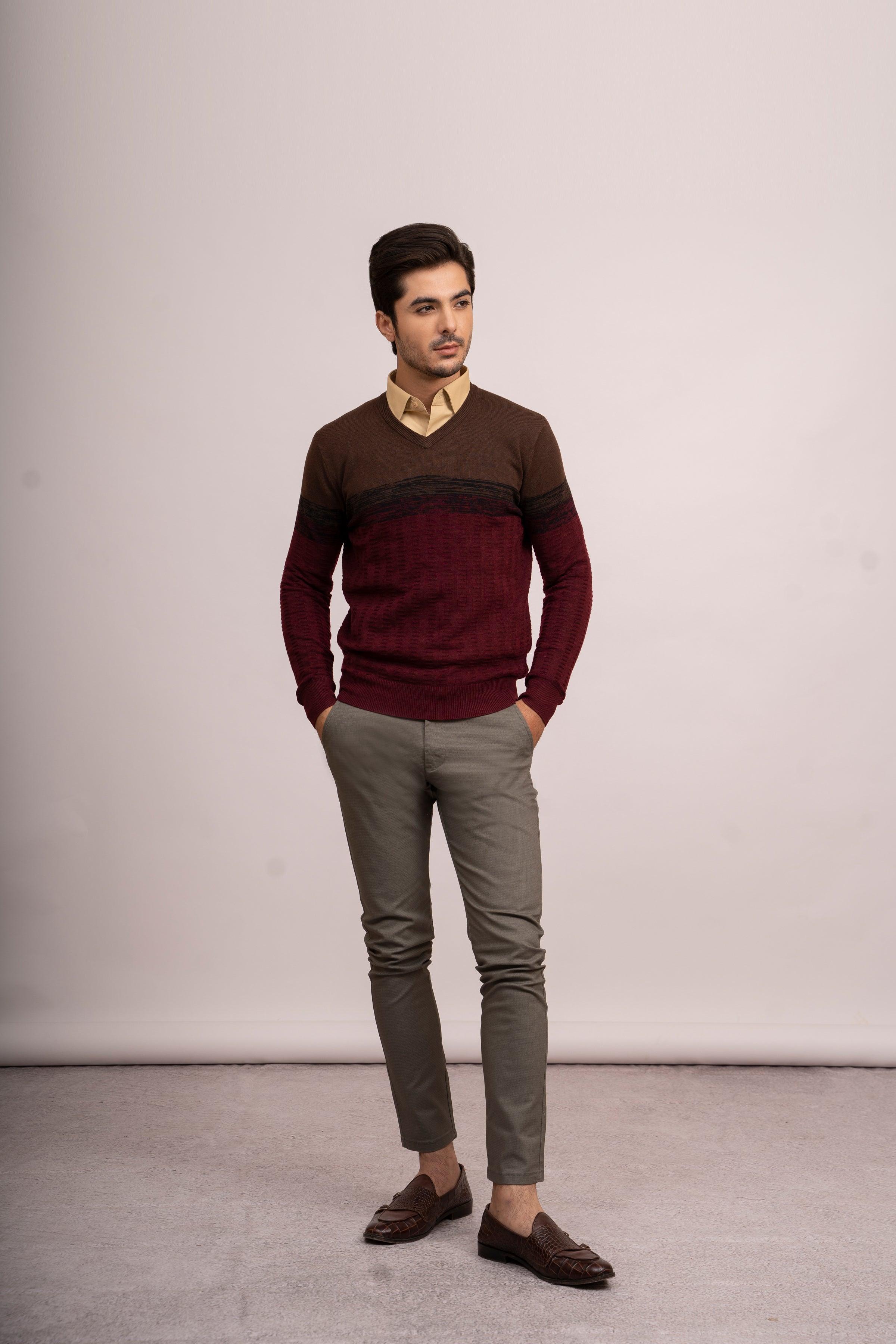 SWEATER V NECK F/S MAROON BROWN at Charcoal Clothing