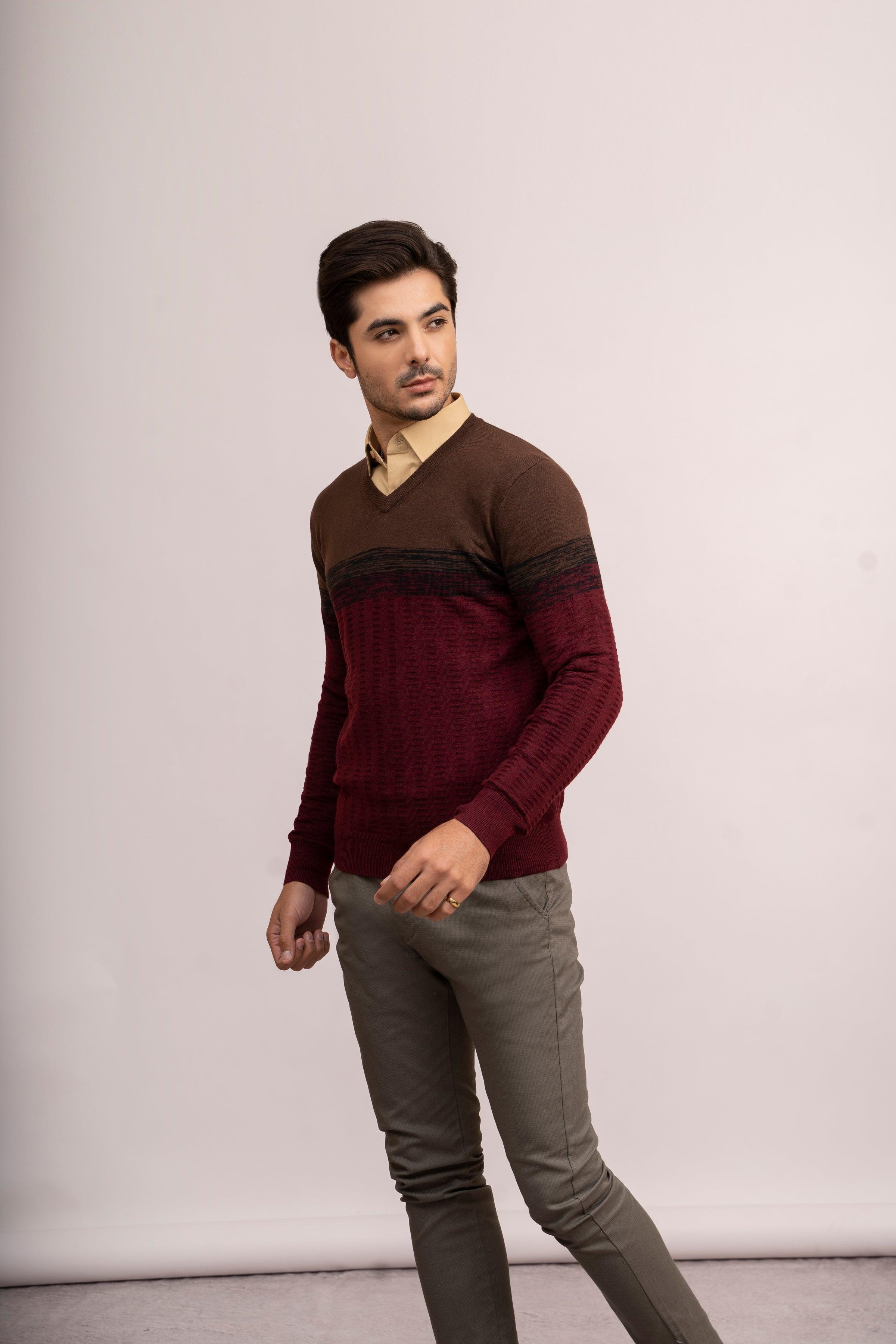 SWEATER V NECK F/S MAROON BROWN at Charcoal Clothing