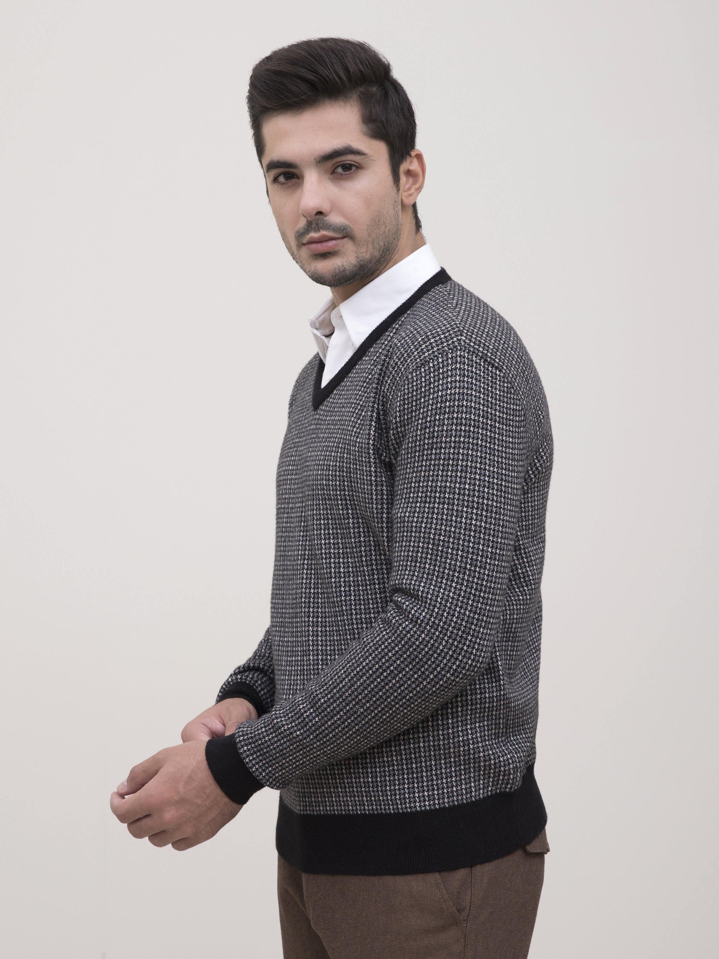 SWEATER V NECK FULL SLEEVE BLACK GREY at Charcoal Clothing