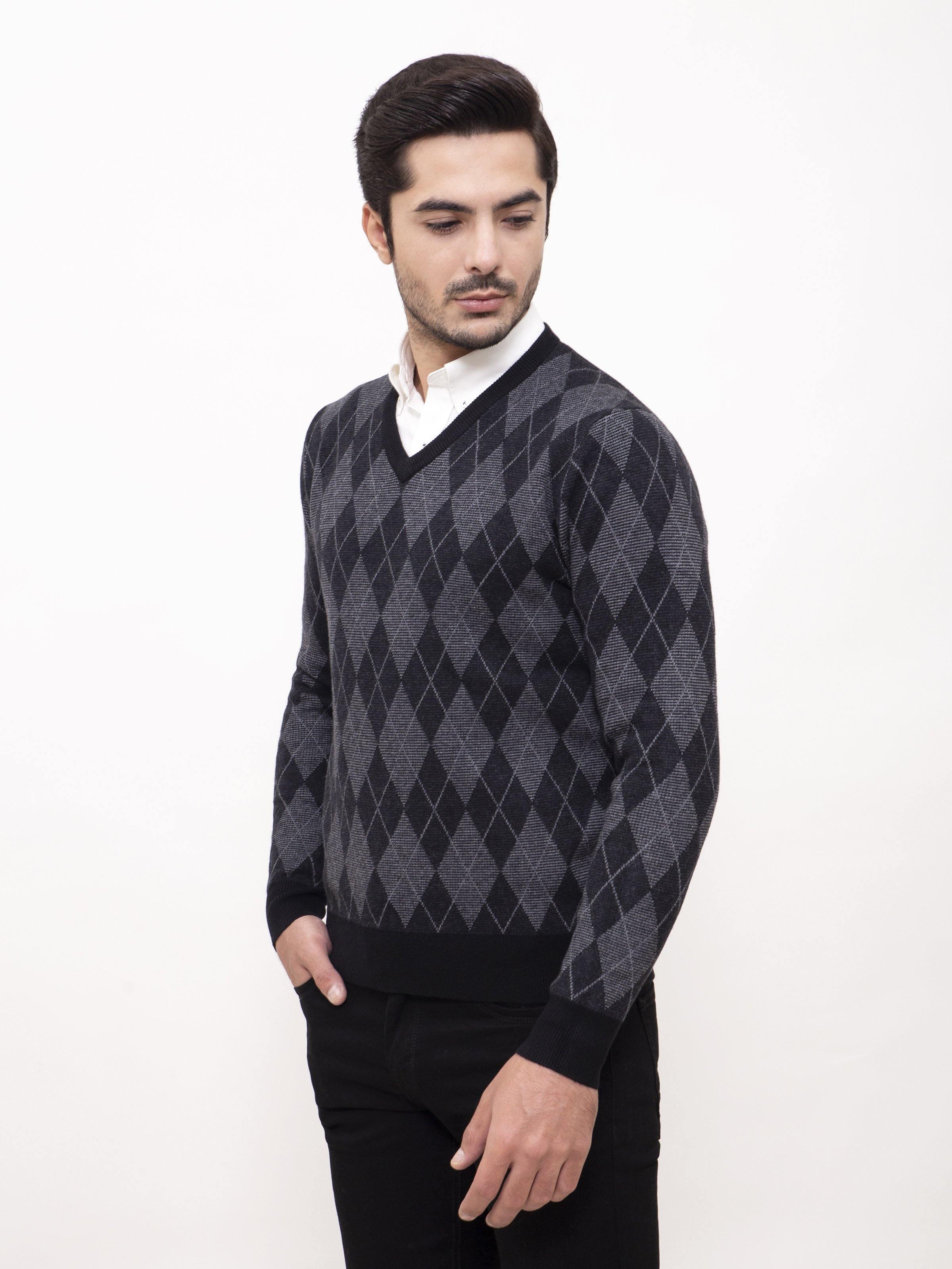 SWEATER V NECK FULL SLEEVE BLACK GREY at Charcoal Clothing