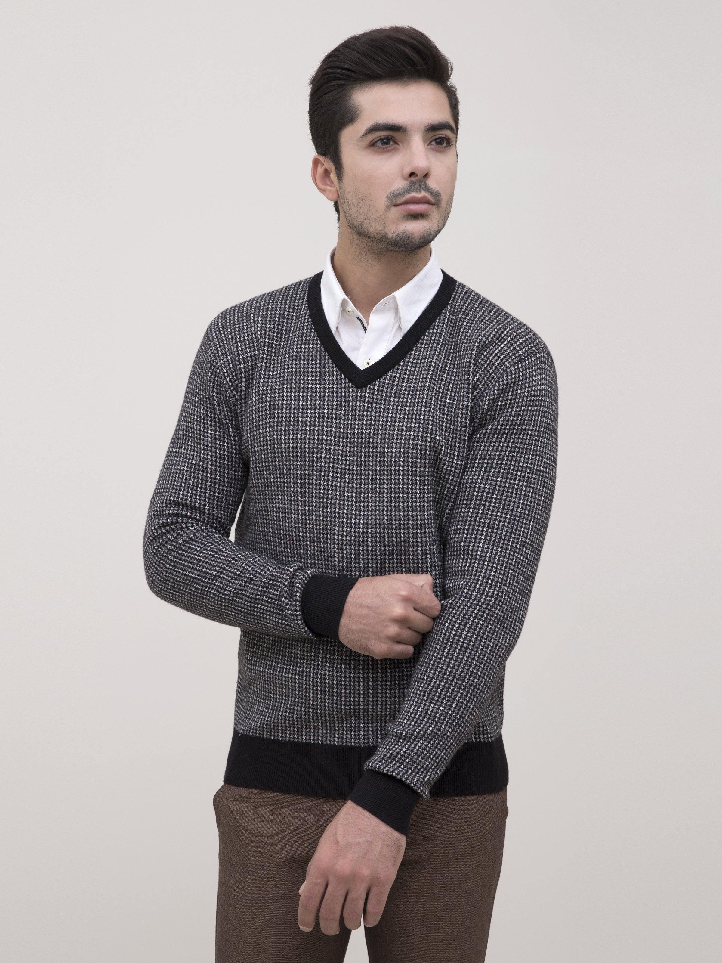 SWEATER V NECK FULL SLEEVE BLACK GREY at Charcoal Clothing