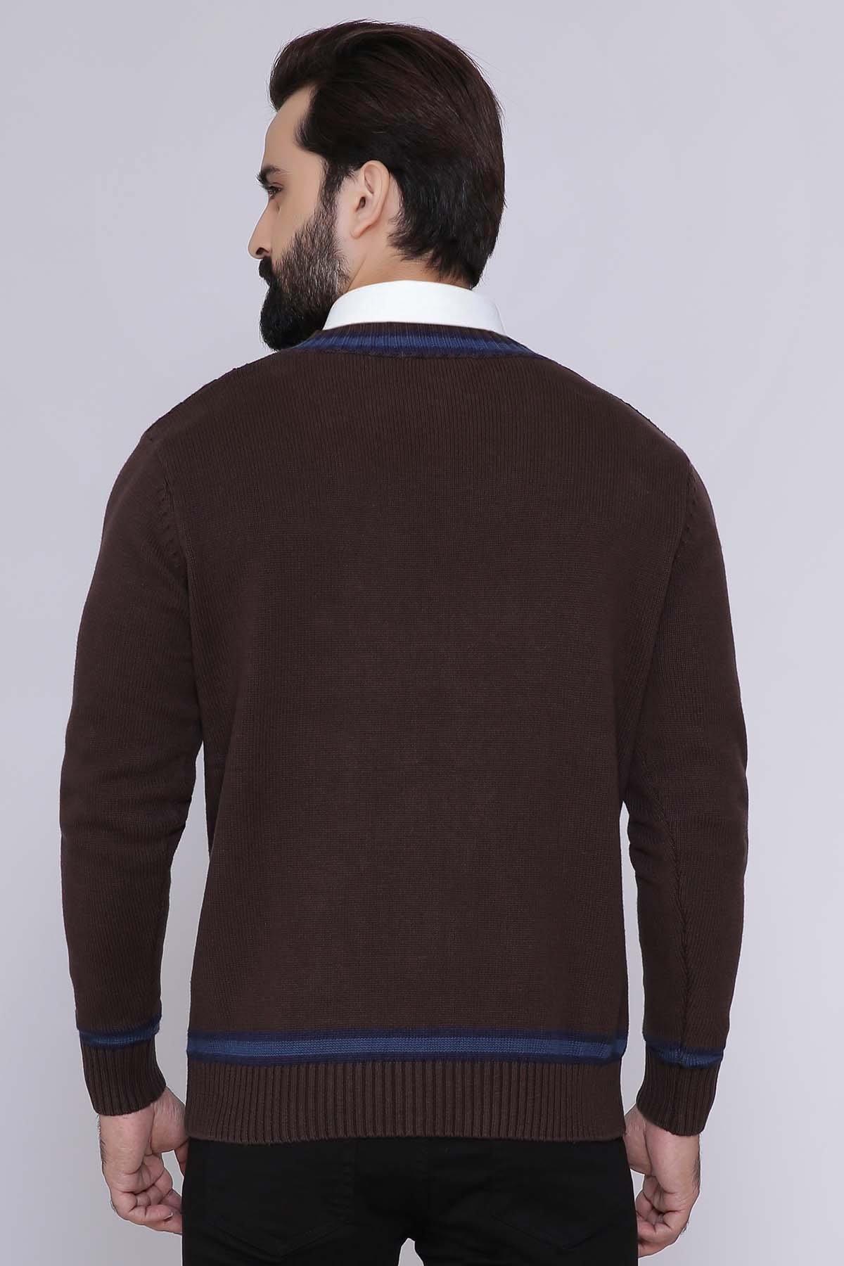 Brown cable-knit V-neck sweater, back view with navy stripe at hem and cuffs