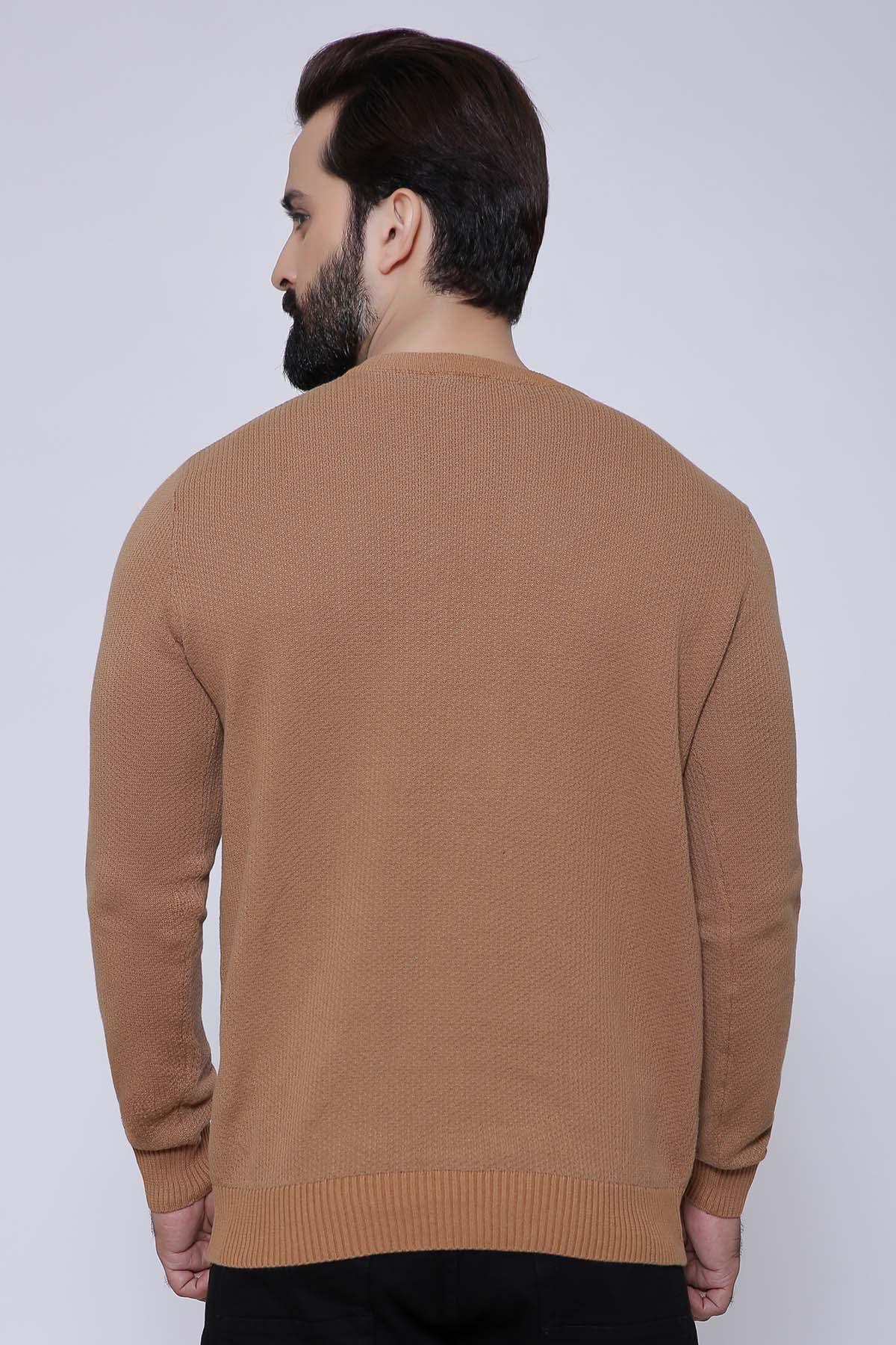 Camel V-neck long-sleeve sweater, back view with ribbed hem and cuffs