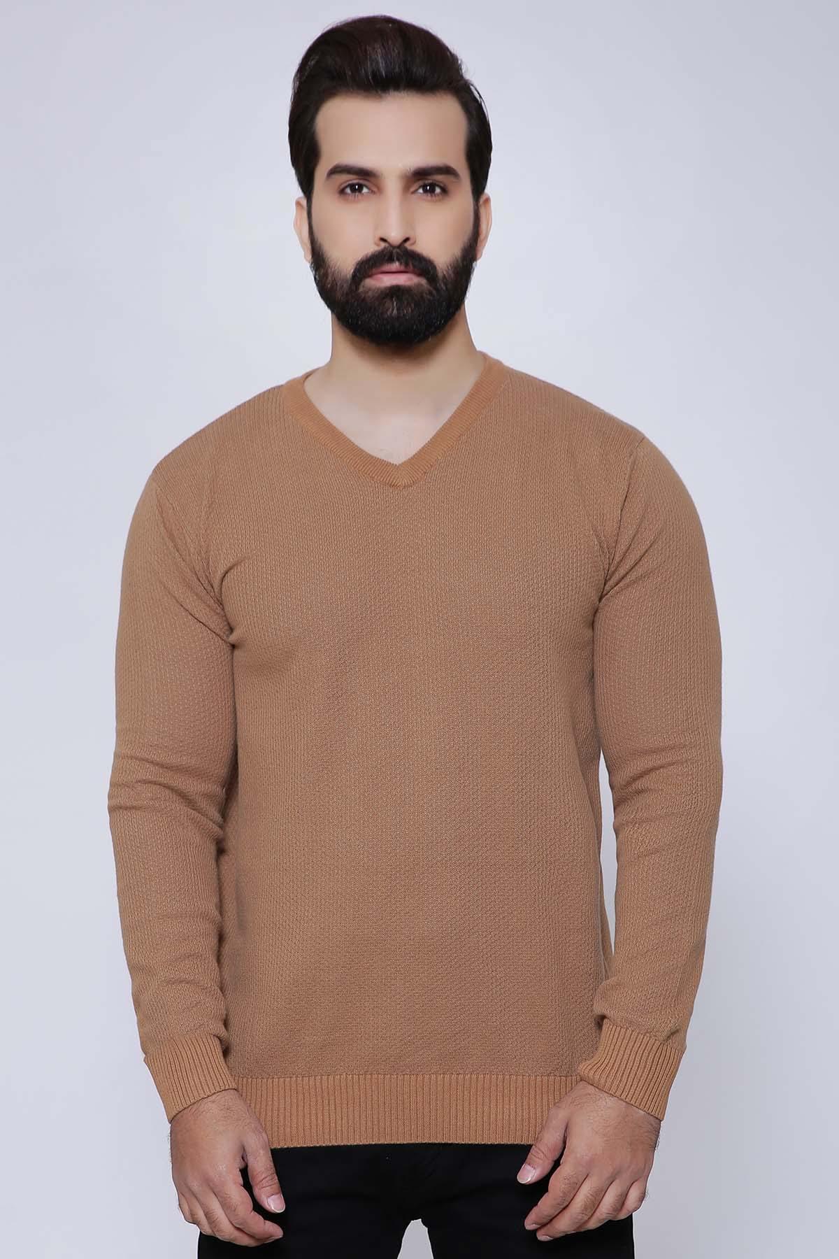 Camel V-neck long-sleeve sweater, ribbed cuffs and hem