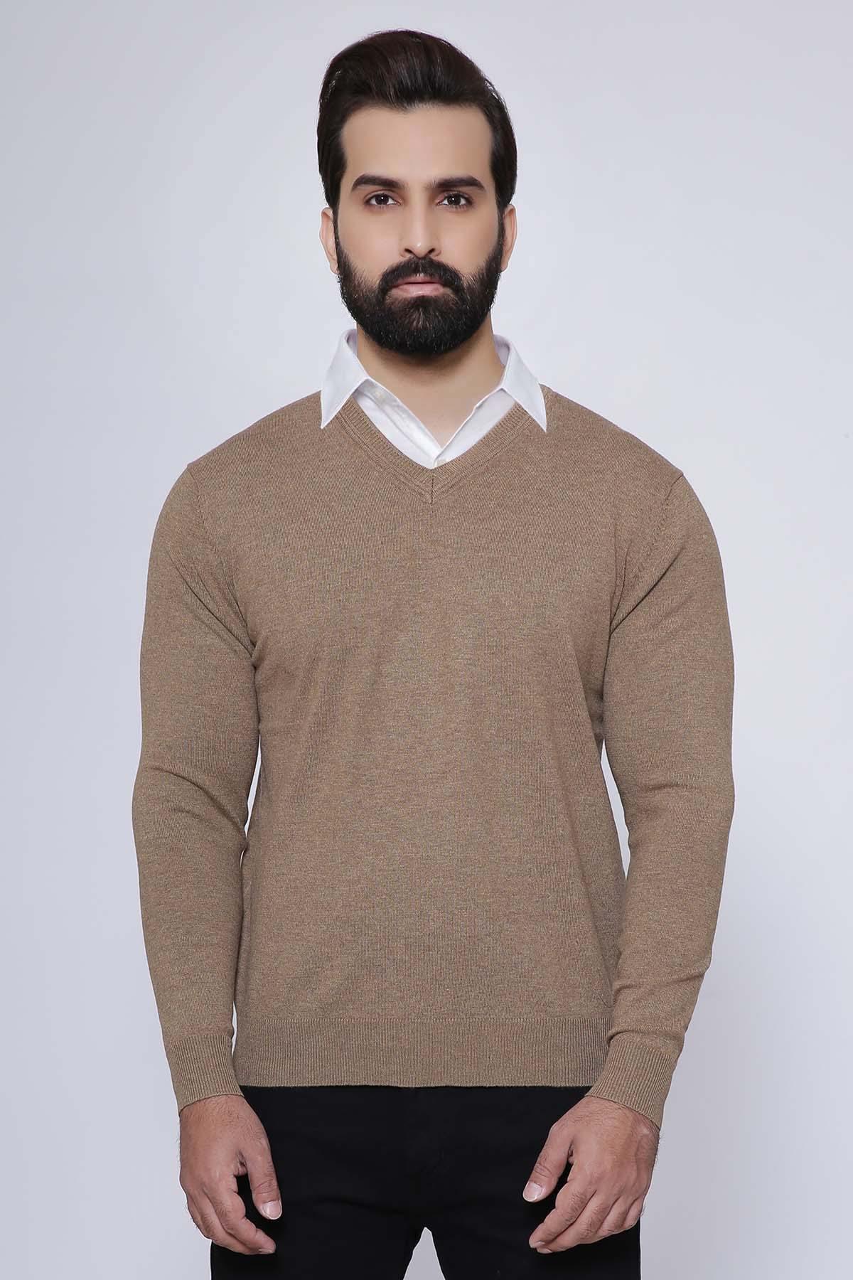 Light brown V-neck full-sleeve sweater, front view