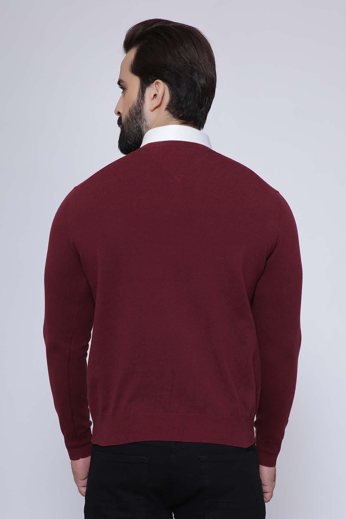 Maroon V-neck full-sleeve sweater, back view with ribbed cuffs