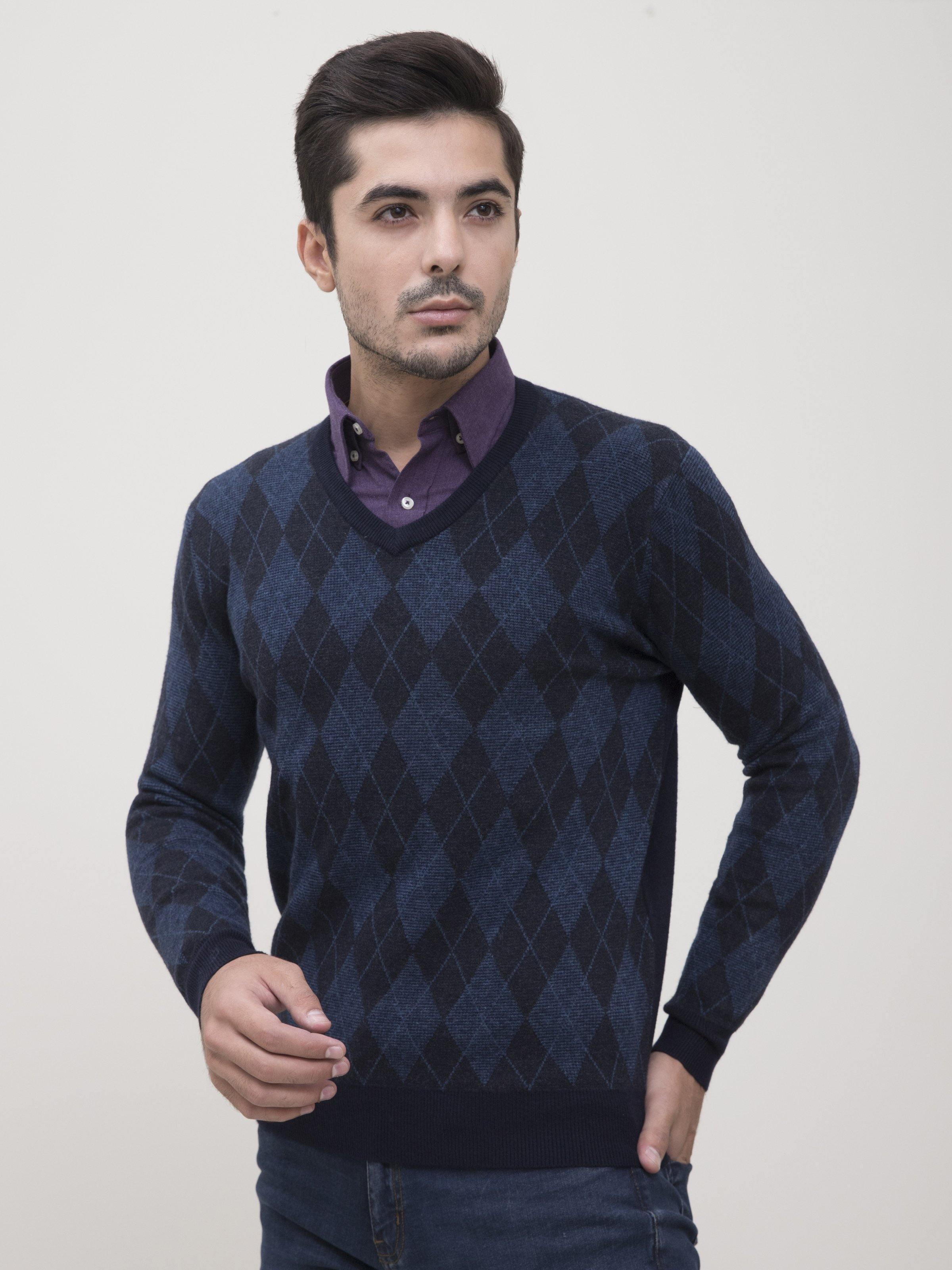Navy V-neck full-sleeve sweater with diamond argyle knit pattern