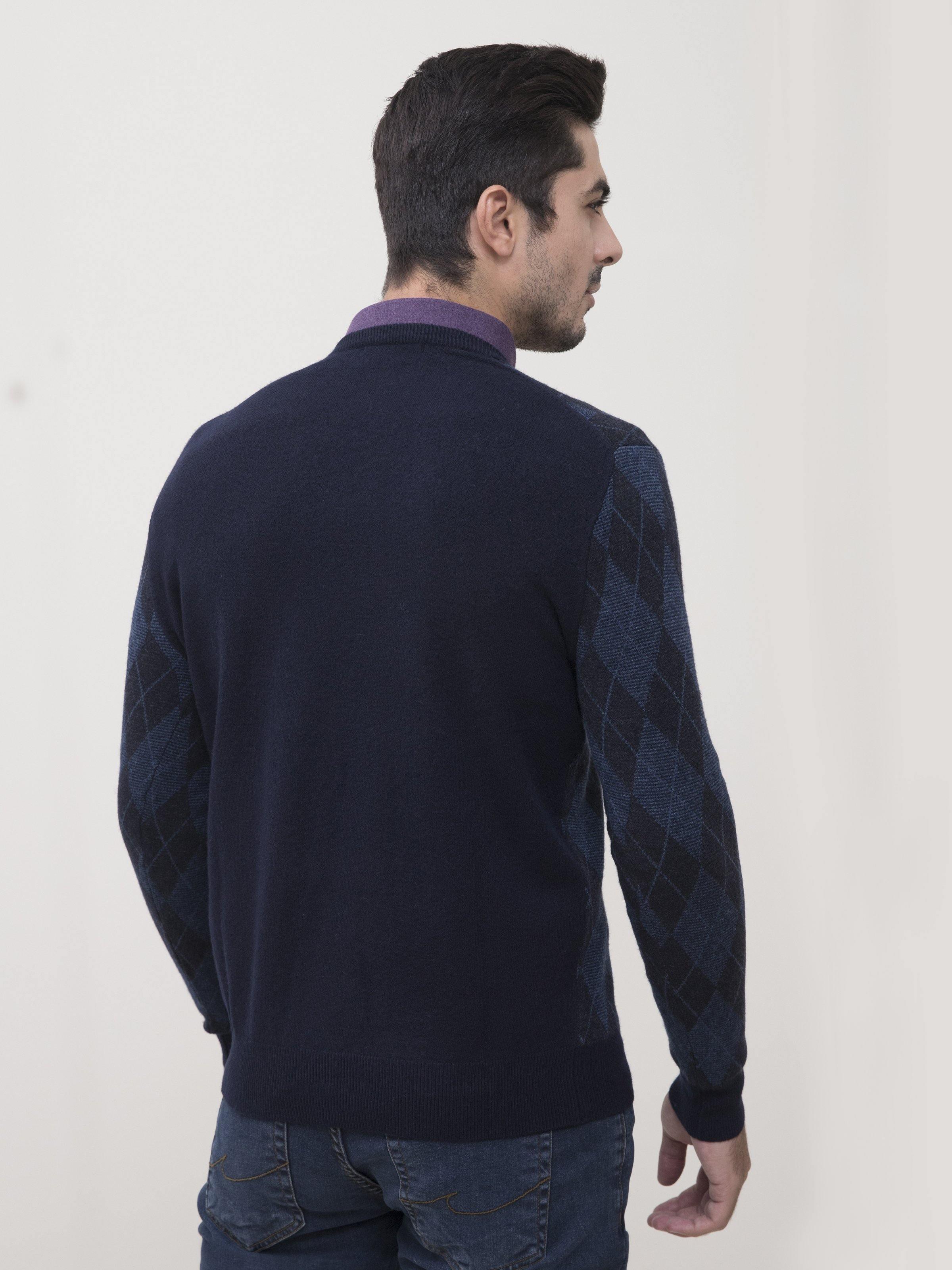 Navy argyle-knit V-neck sweater back view