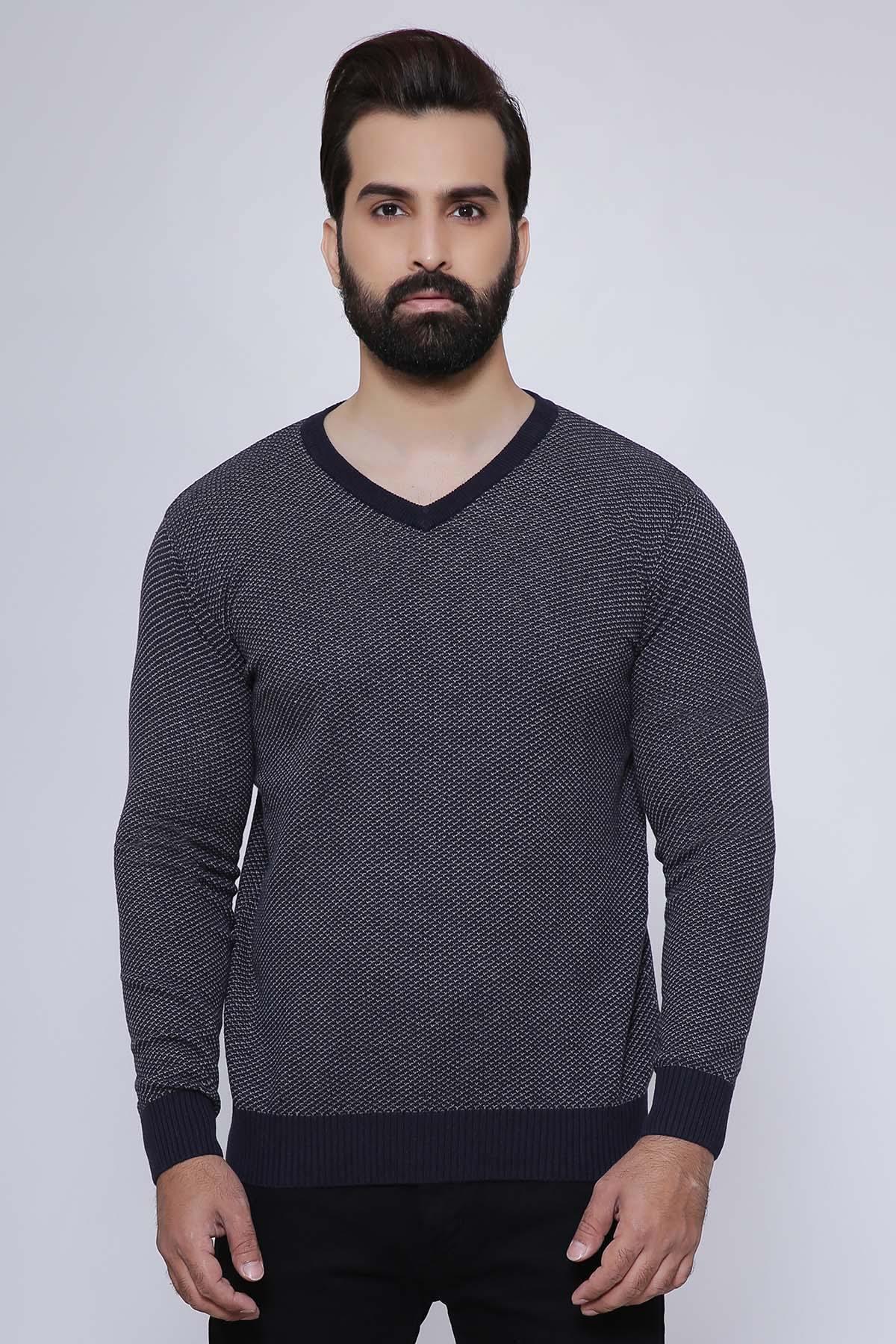 Navy and grey V-neck knit sweater, long sleeves