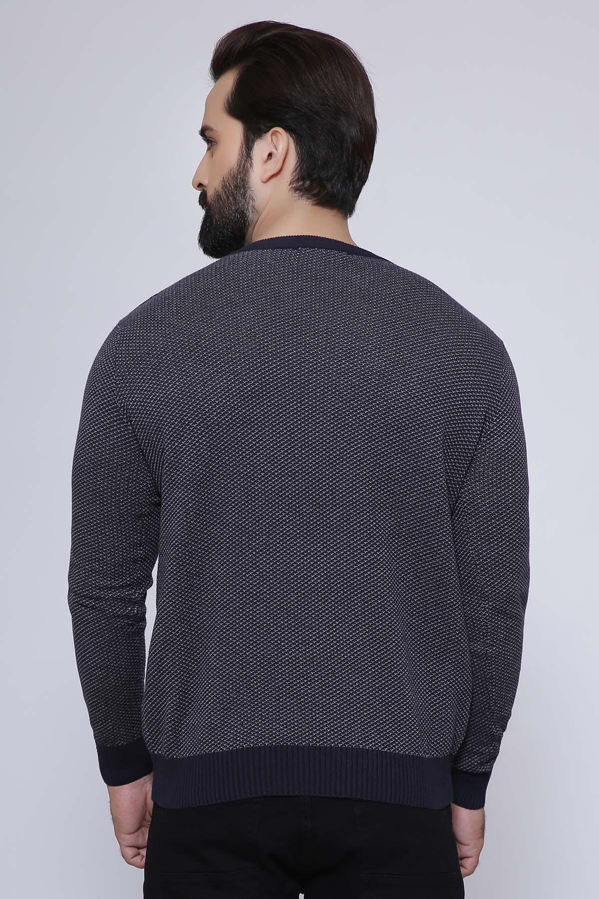 Navy and grey V-neck knit sweater, back view, long sleeves