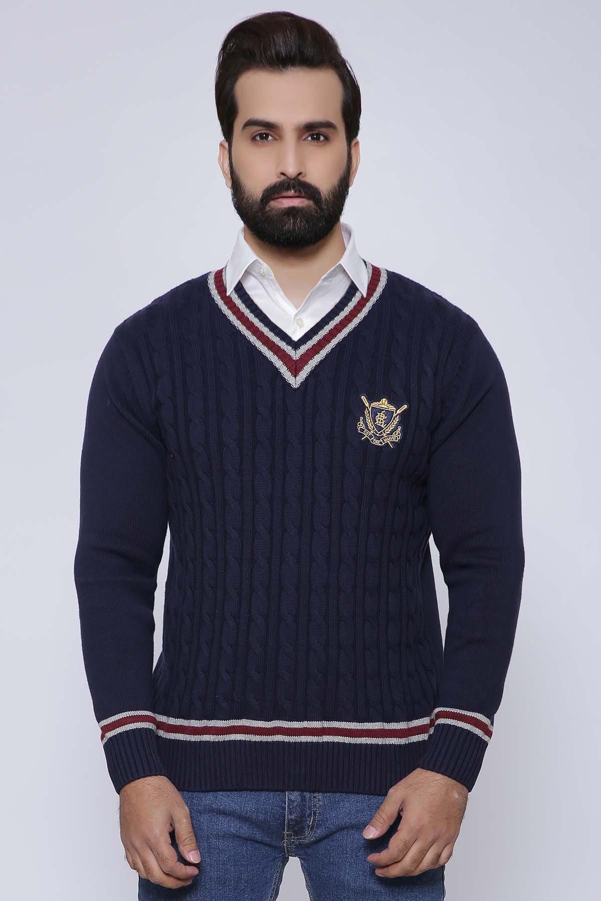 Navy cable-knit V-neck sweater with ribbed cuffs and striped hem