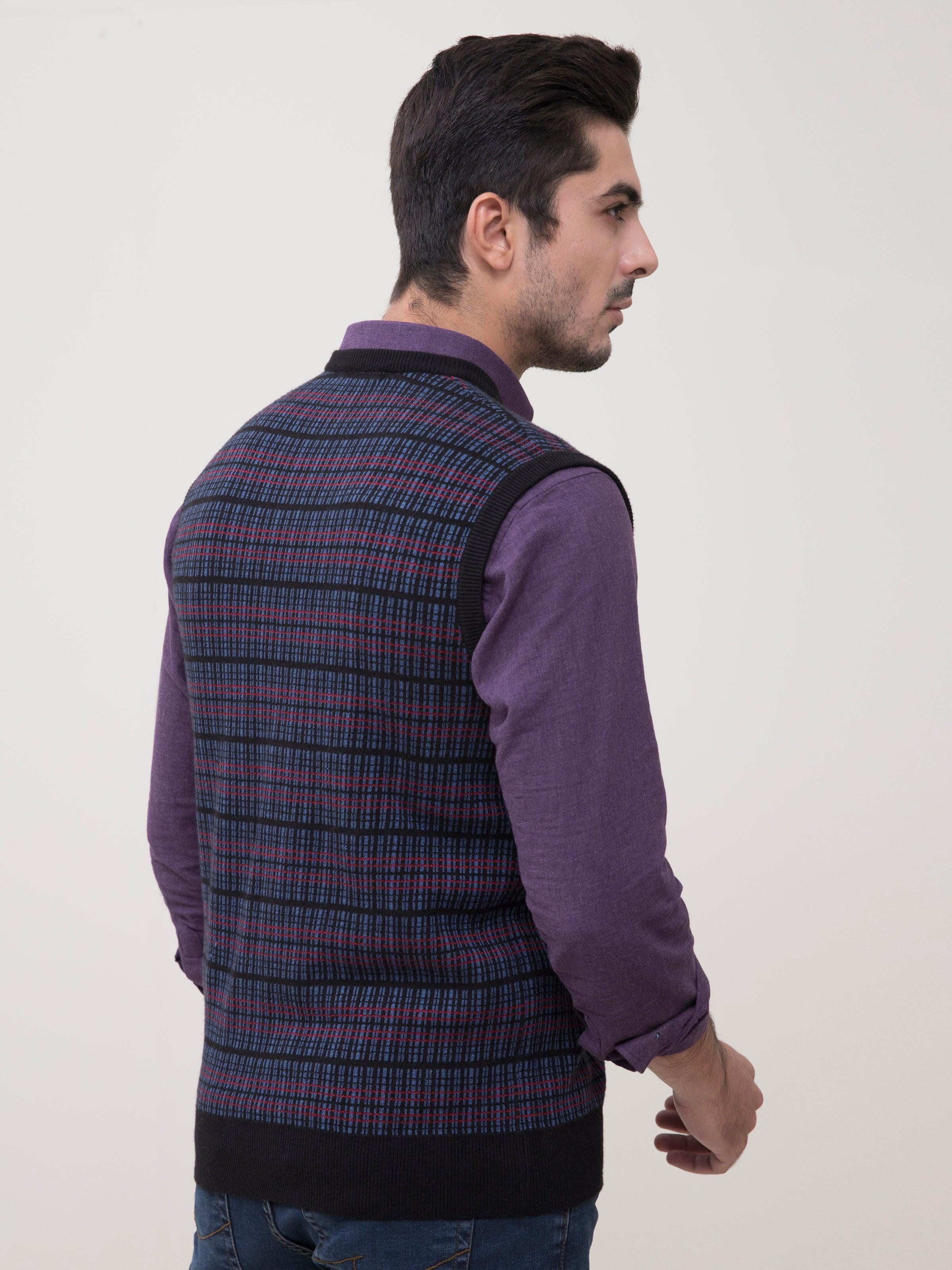 Back view of striped knit V-neck sweater vest, sleeveless, purple and dark bands