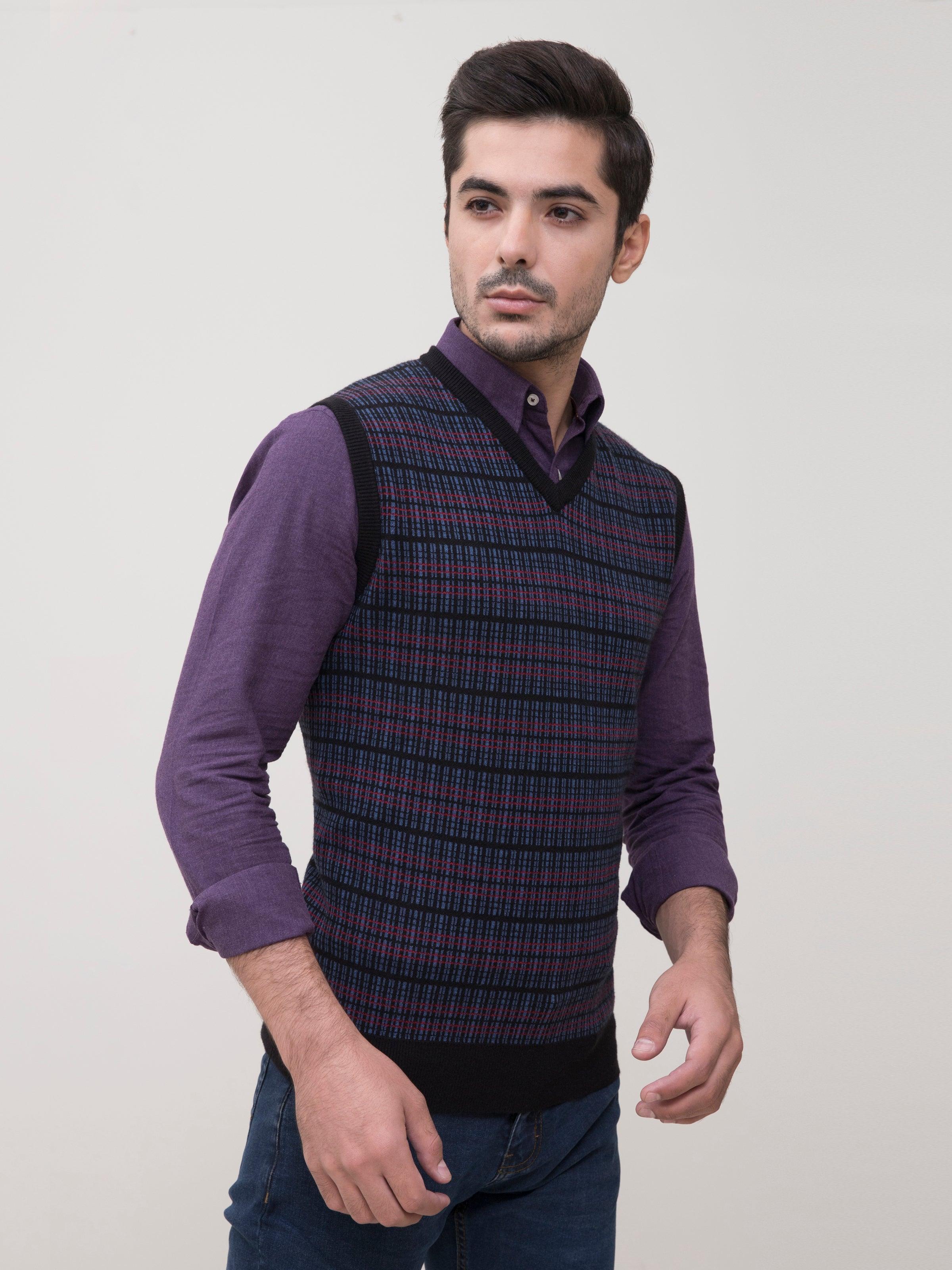 Striped knit V-neck sweater vest with sleeveless design, deep purple and dark bands
