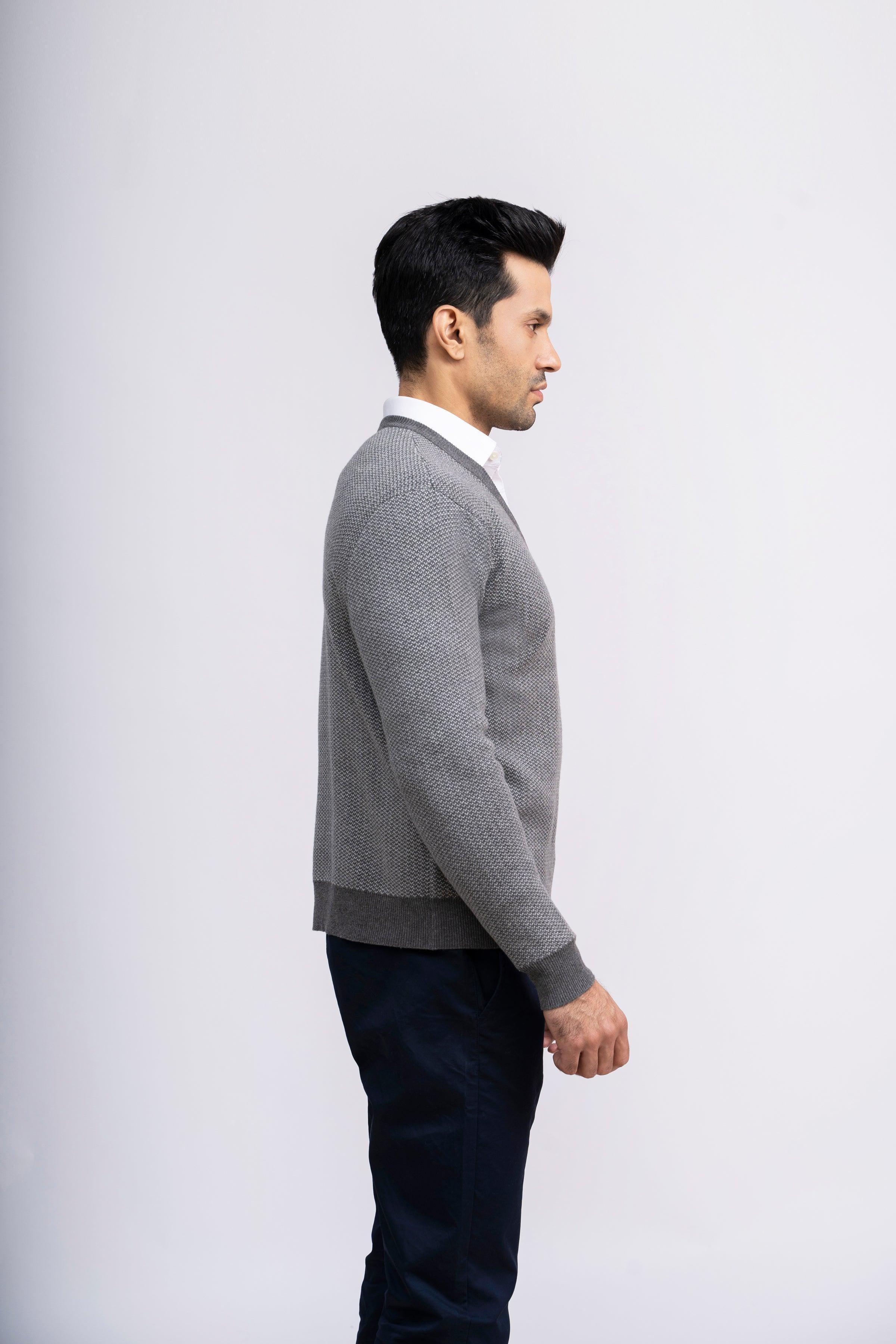 SWEATER V NECK SELF TEXTURED GREY at Charcoal Clothing