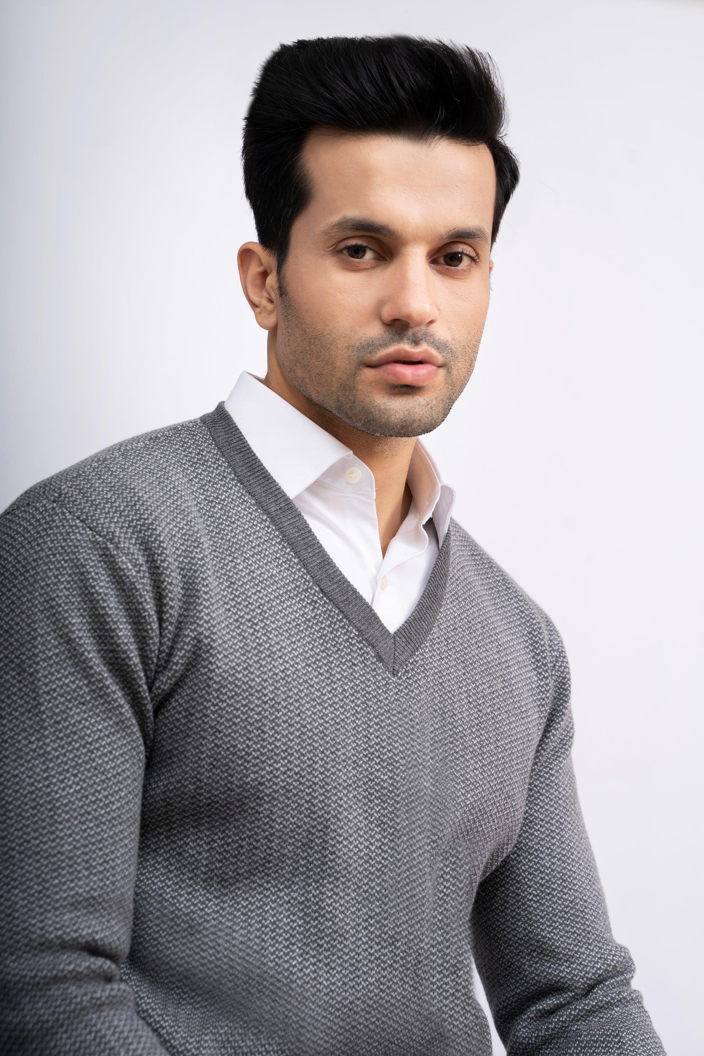 SWEATER V NECK SELF TEXTURED GREY at Charcoal Clothing