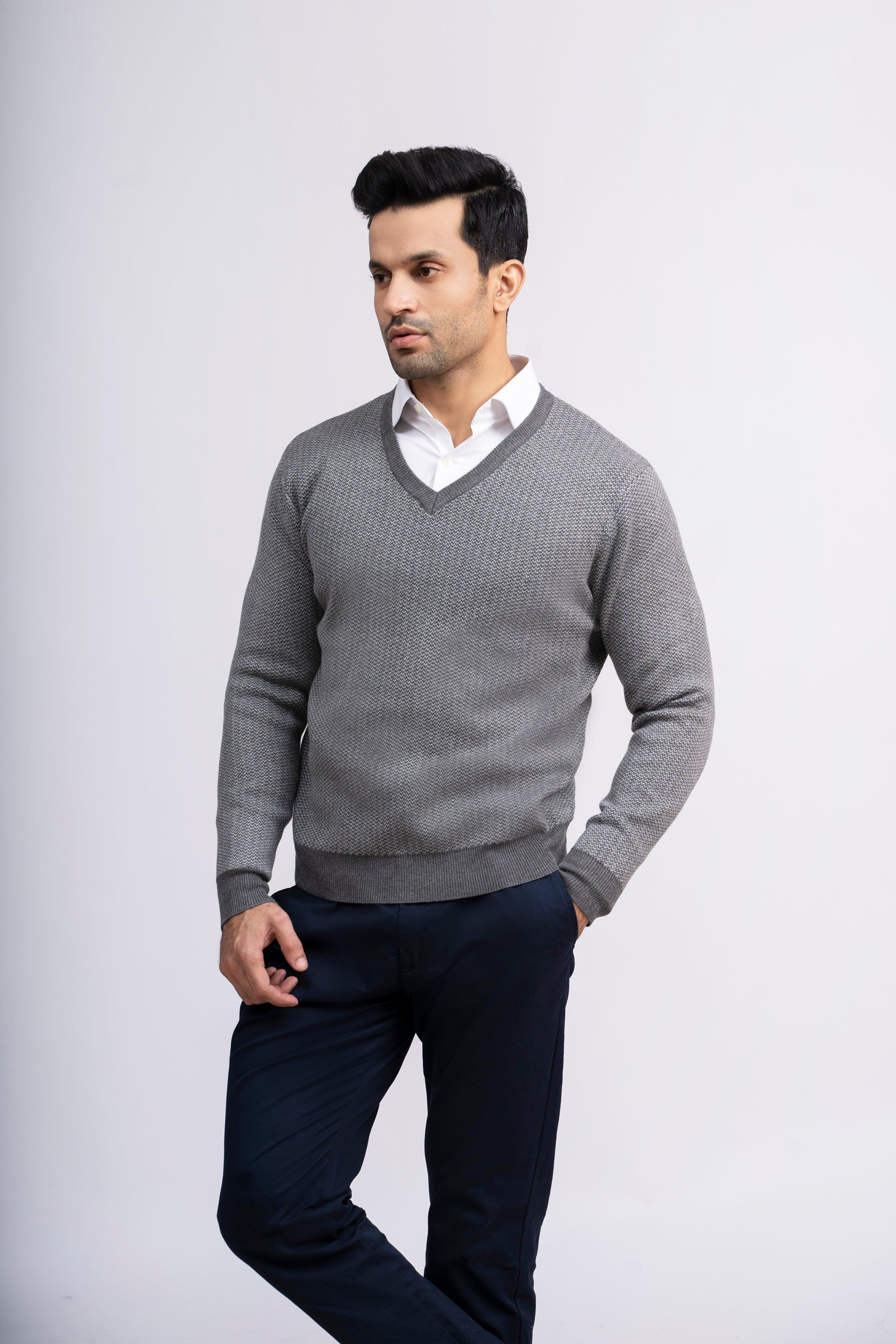 SWEATER V NECK SELF TEXTURED GREY at Charcoal Clothing