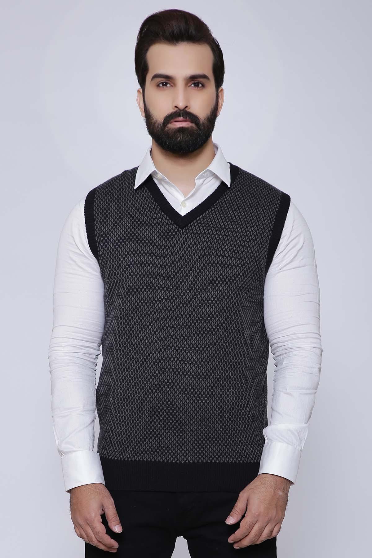 SWEATER V NECK SLEEVE LESS BLACK GREY at Charcoal Clothing