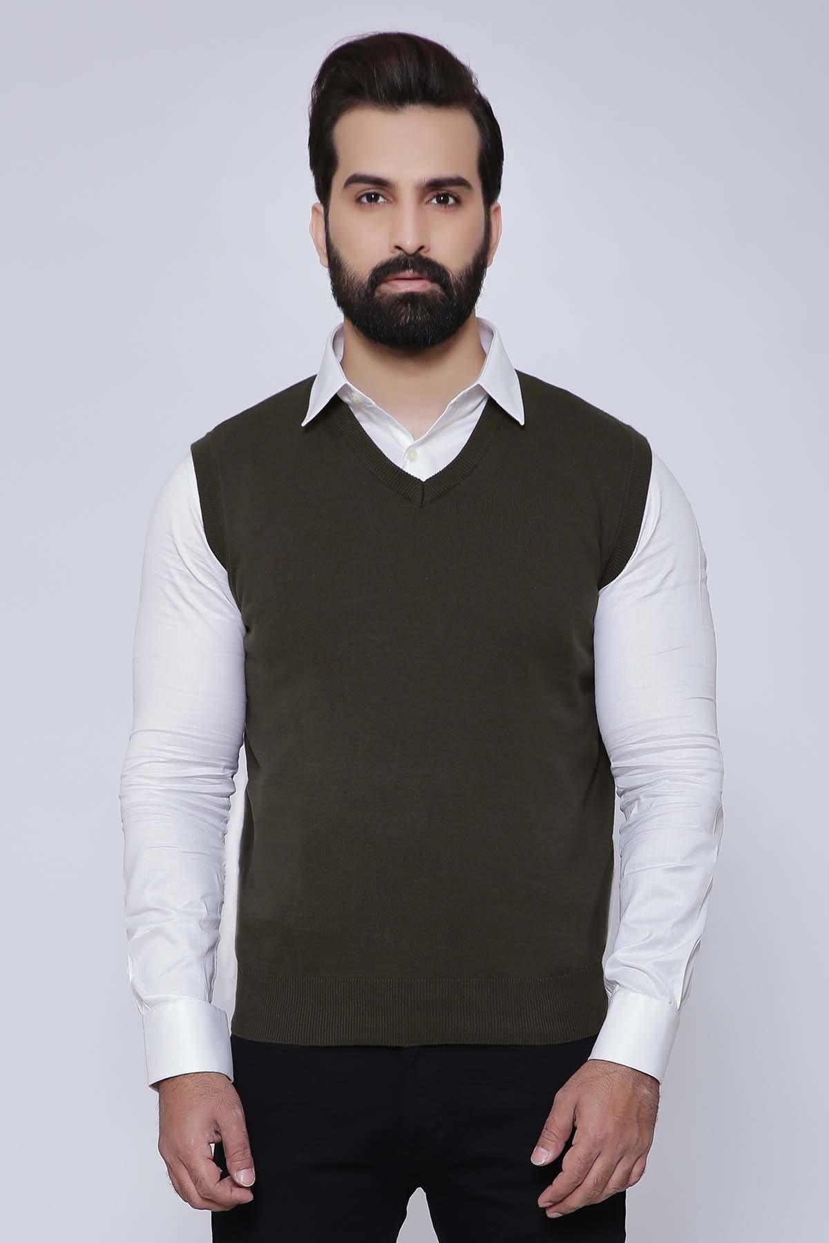 Sleeveless V-neck sweater, dark bottle green, with ribbed hem and neckline