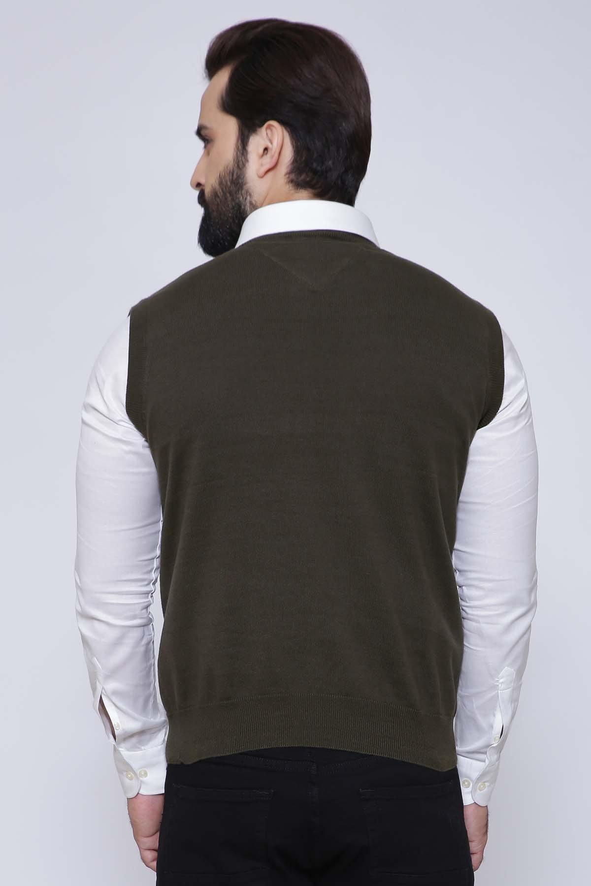 Sleeveless V-neck sweater, dark bottle green, plain back with ribbed hem