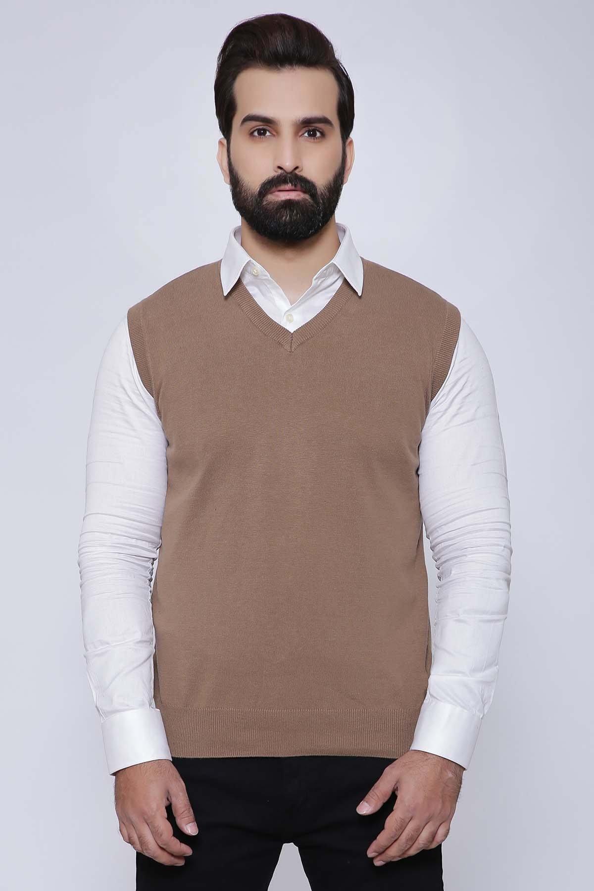 SWEATER V NECK SLEEVE LESS LIGHT BROWN at Charcoal Clothing