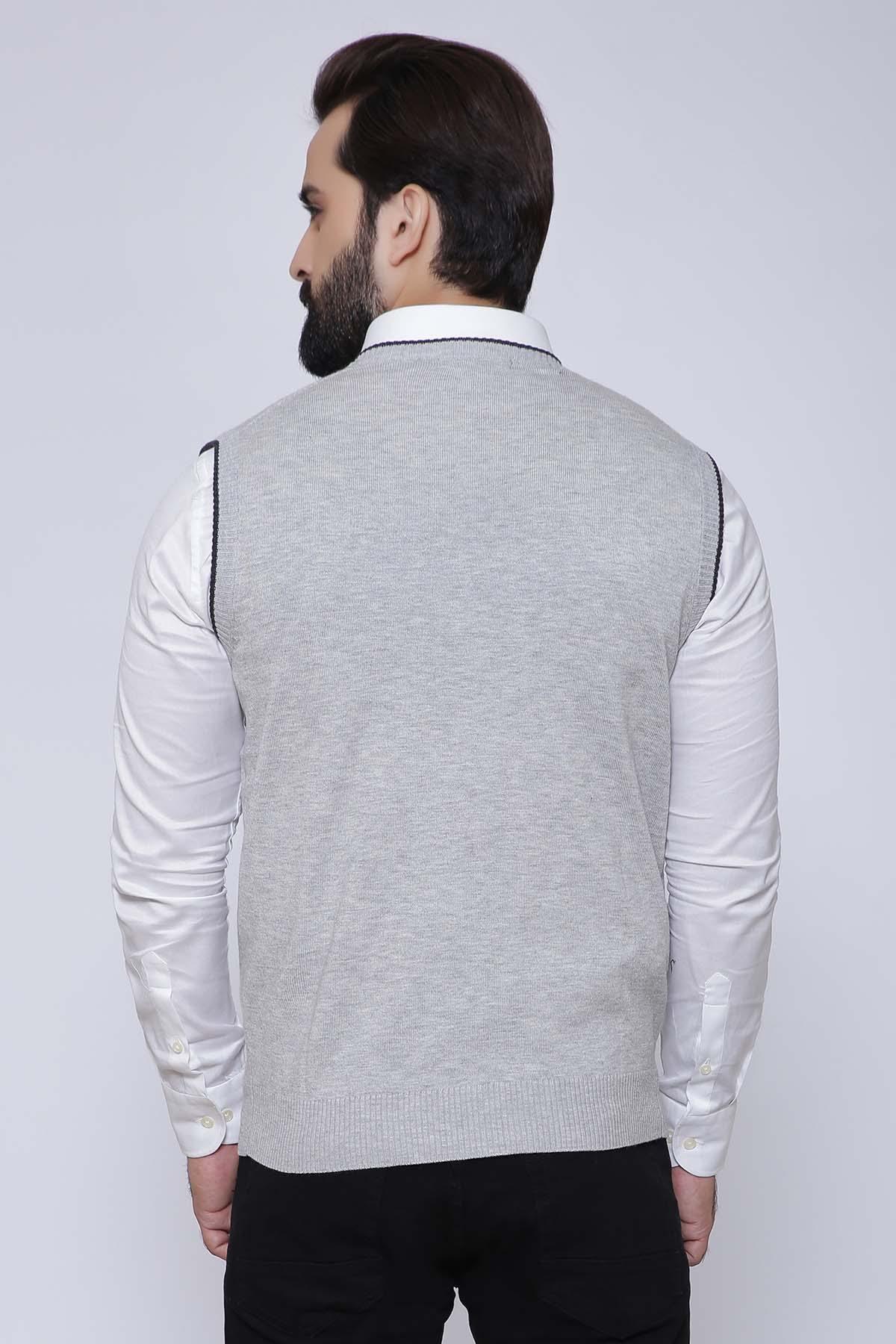 Light grey V-neck sleeveless sweater vest, back view.