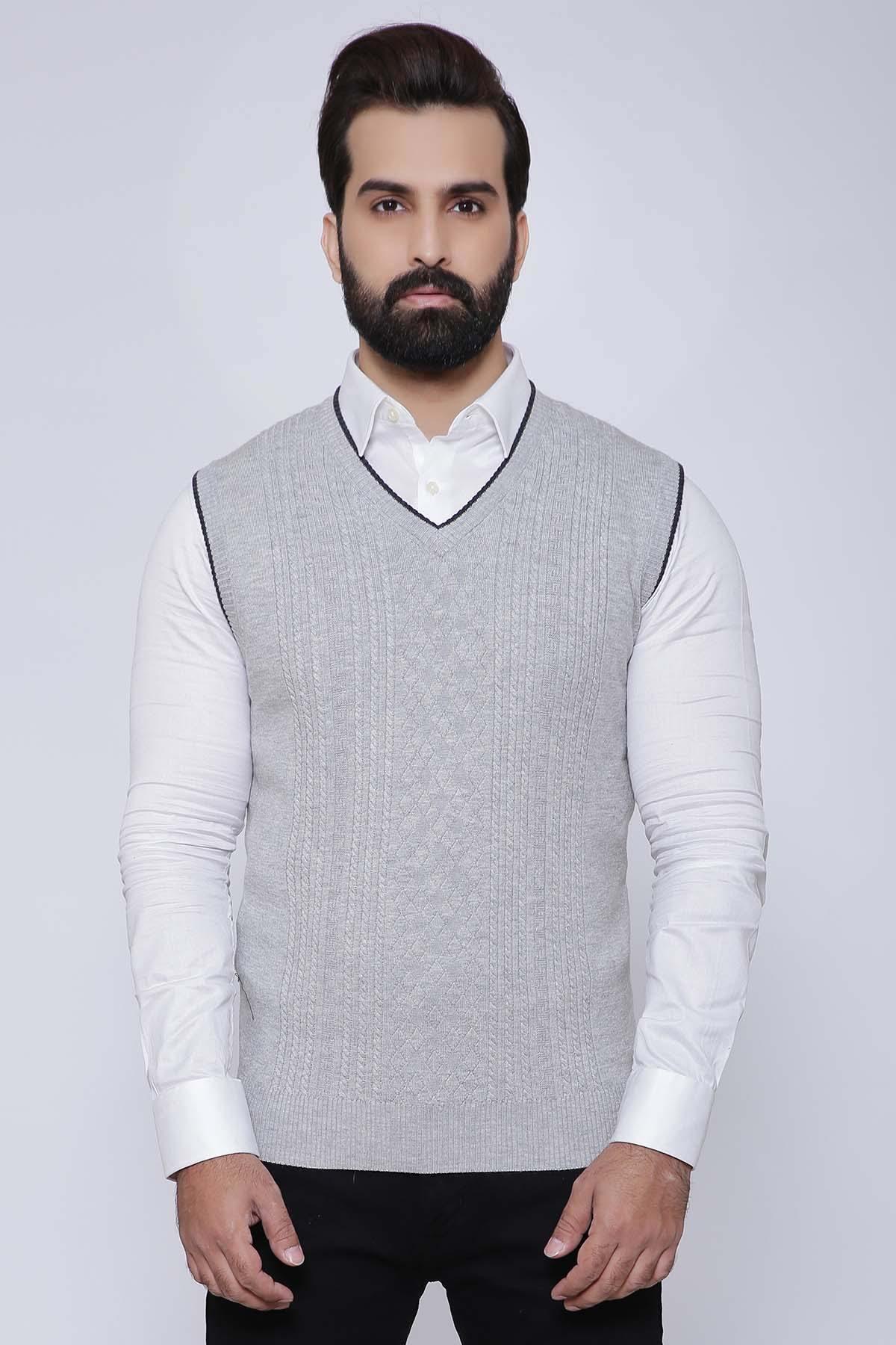 Light grey V-neck sleeveless sweater vest over white shirt, front view.