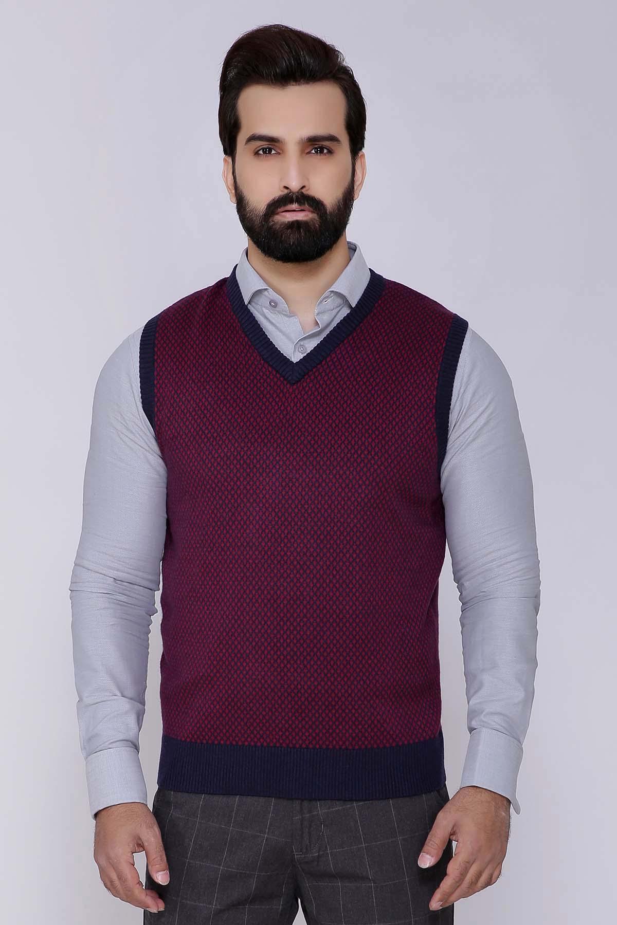 Men's V-neck sleeveless sweater vest, maroon with navy trim