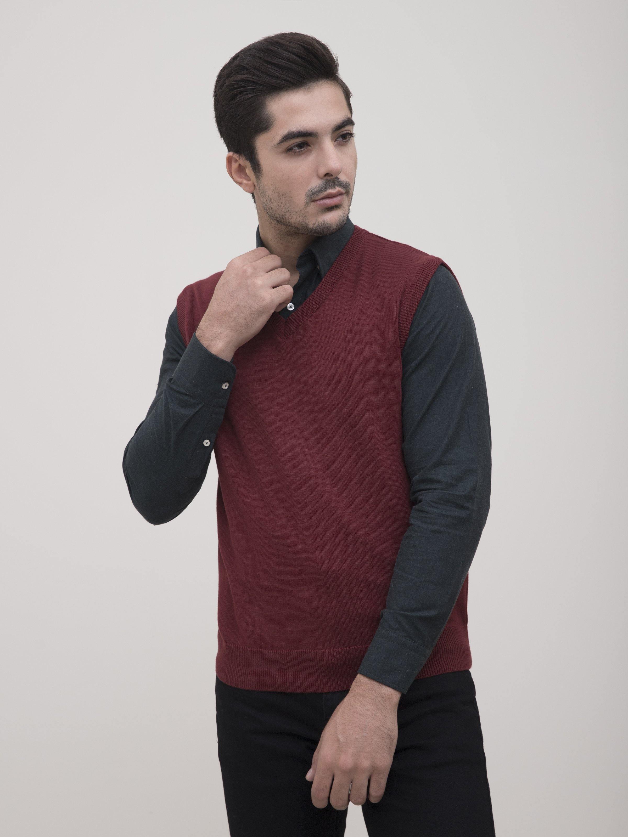 Maroon V-neck sleeveless sweater vest, solid knit with ribbed neckline and hem