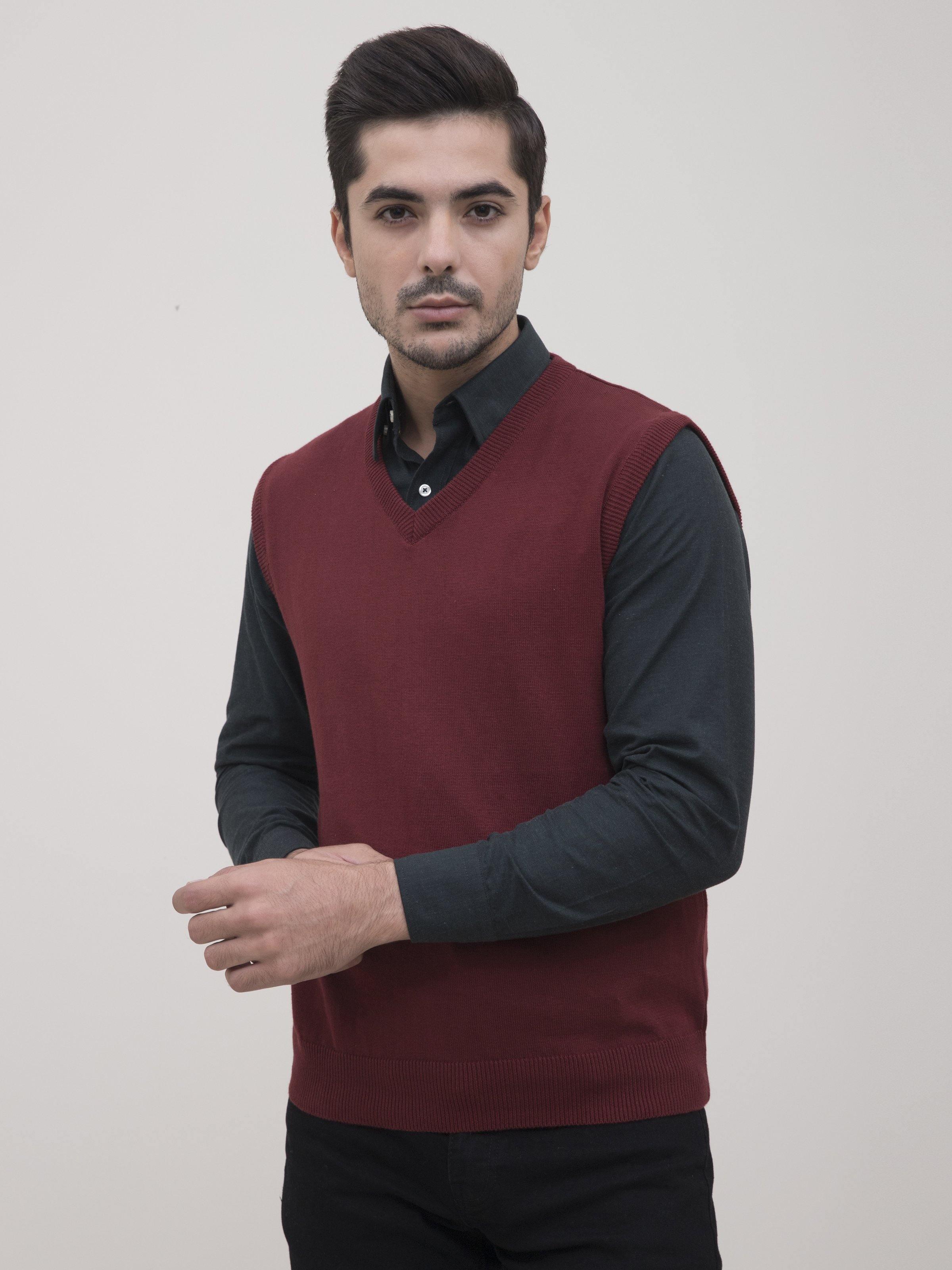 Maroon V-neck sleeveless sweater vest with ribbed V-neck and straight hem