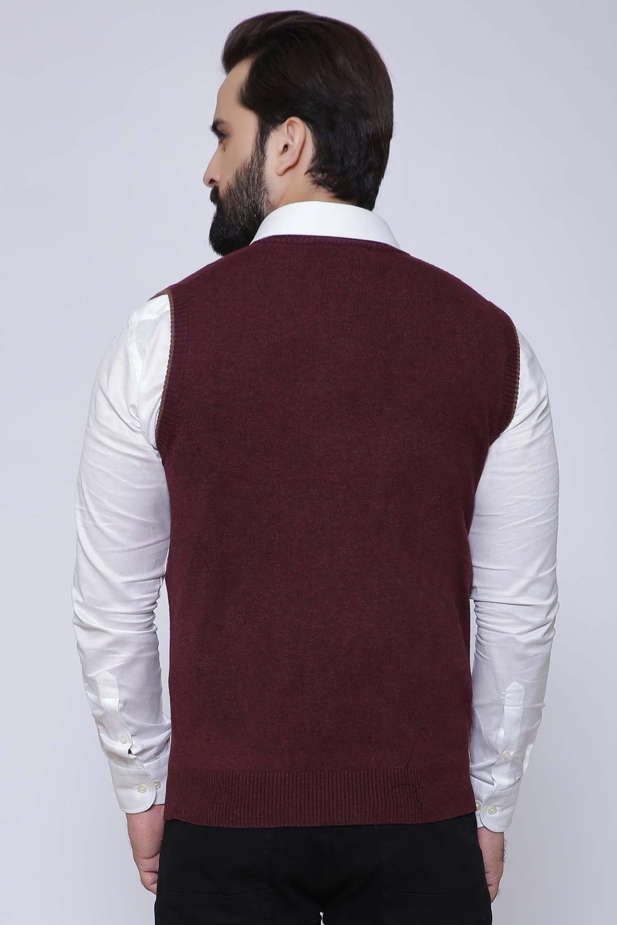 Maroon sleeveless sweater vest, V-neck back view with ribbed hem