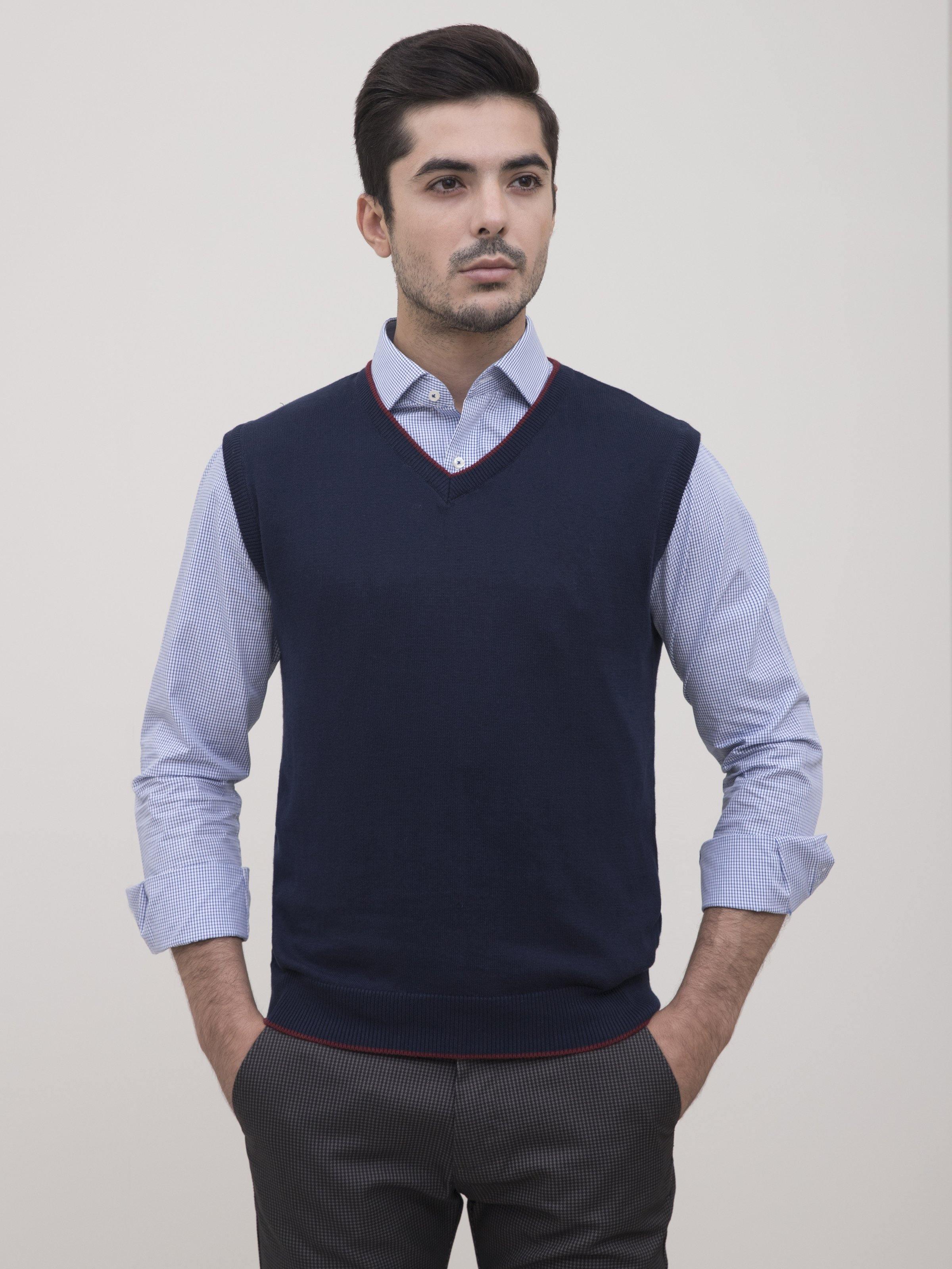 Navy V-neck sleeveless sweater vest with ribbed V-neck and red hem trim