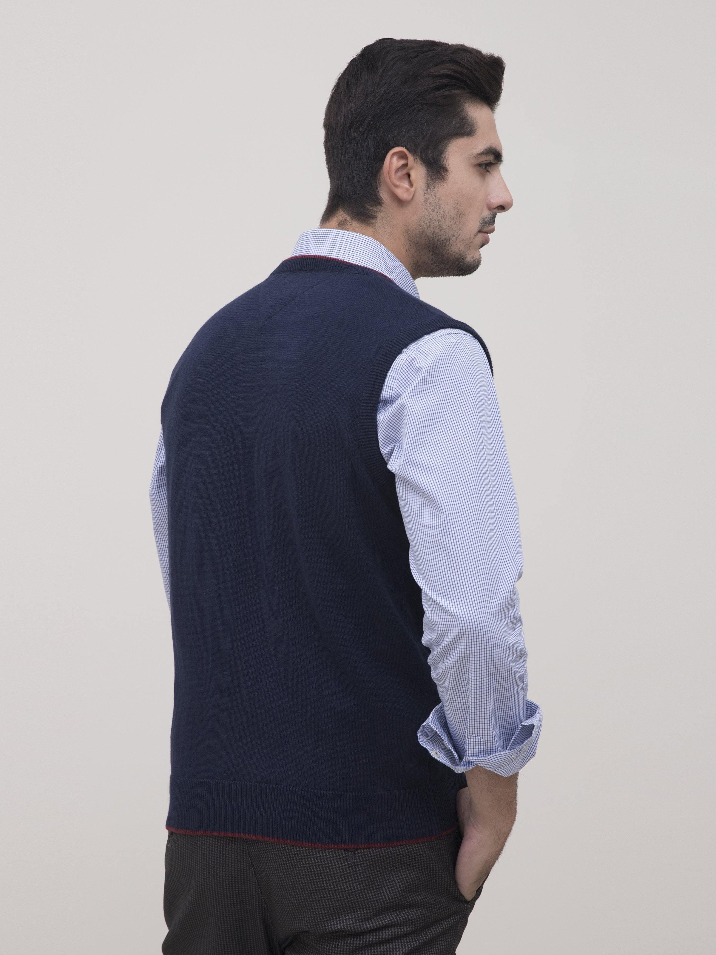 Navy V-neck sleeveless sweater vest, side profile