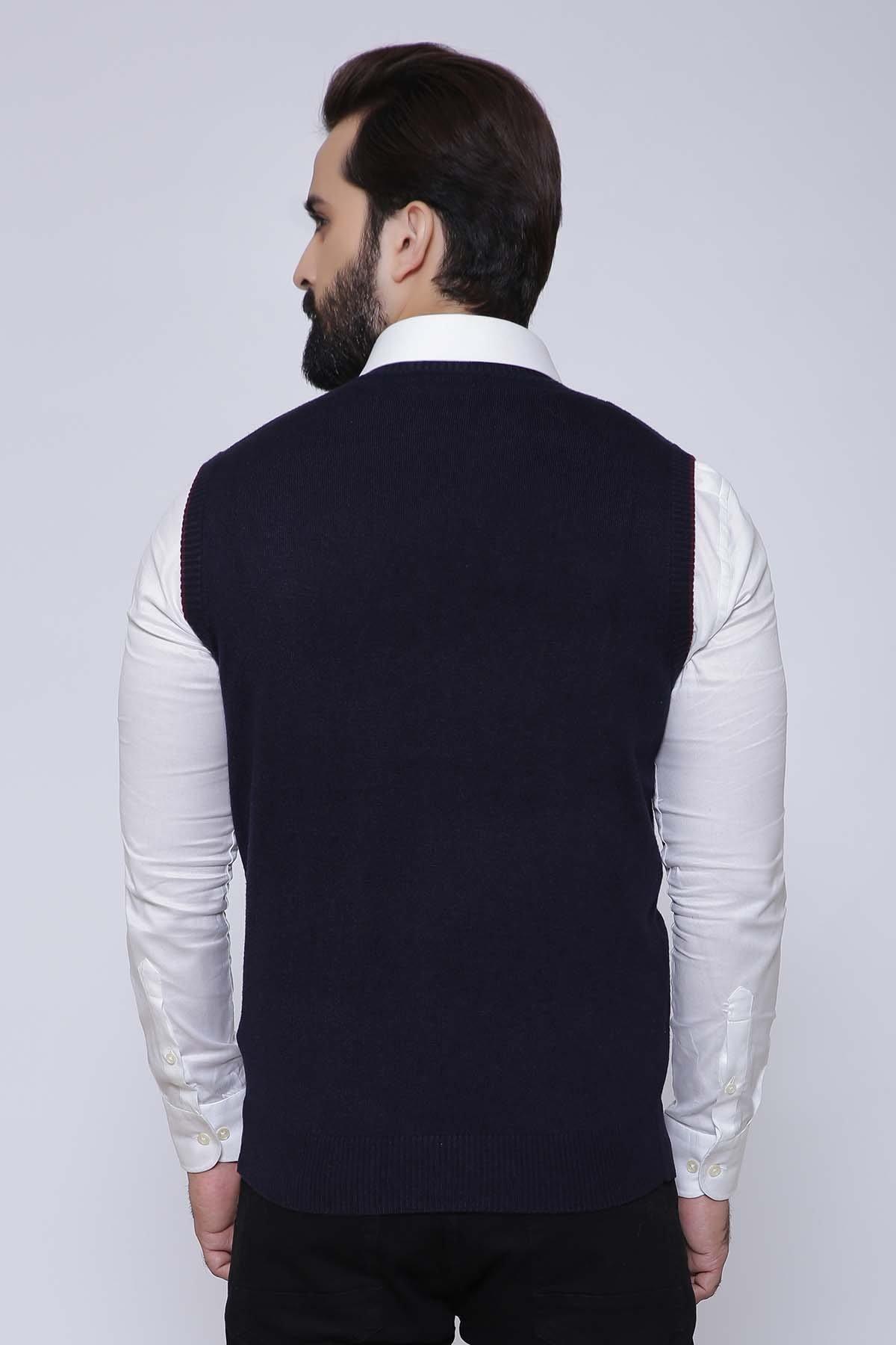Back view of V-neck sleeveless dark navy sweater vest with ribbed knit hem