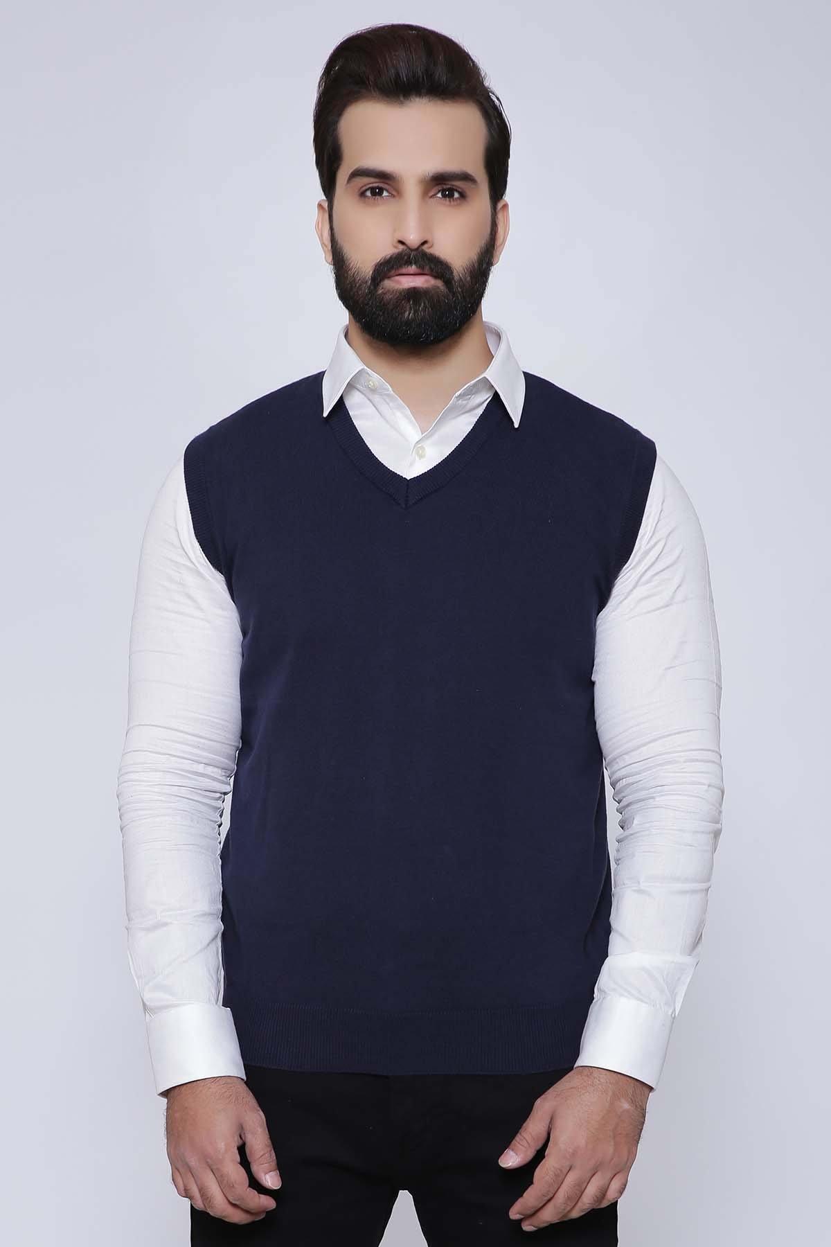 SWEATER V NECK SLEEVE LESS NAVY at Charcoal Clothing