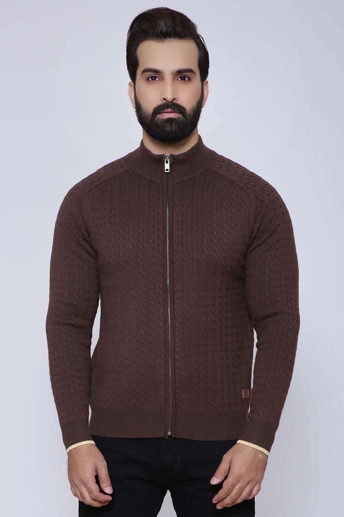Brown zip-up sweater with full sleeves and stand collar