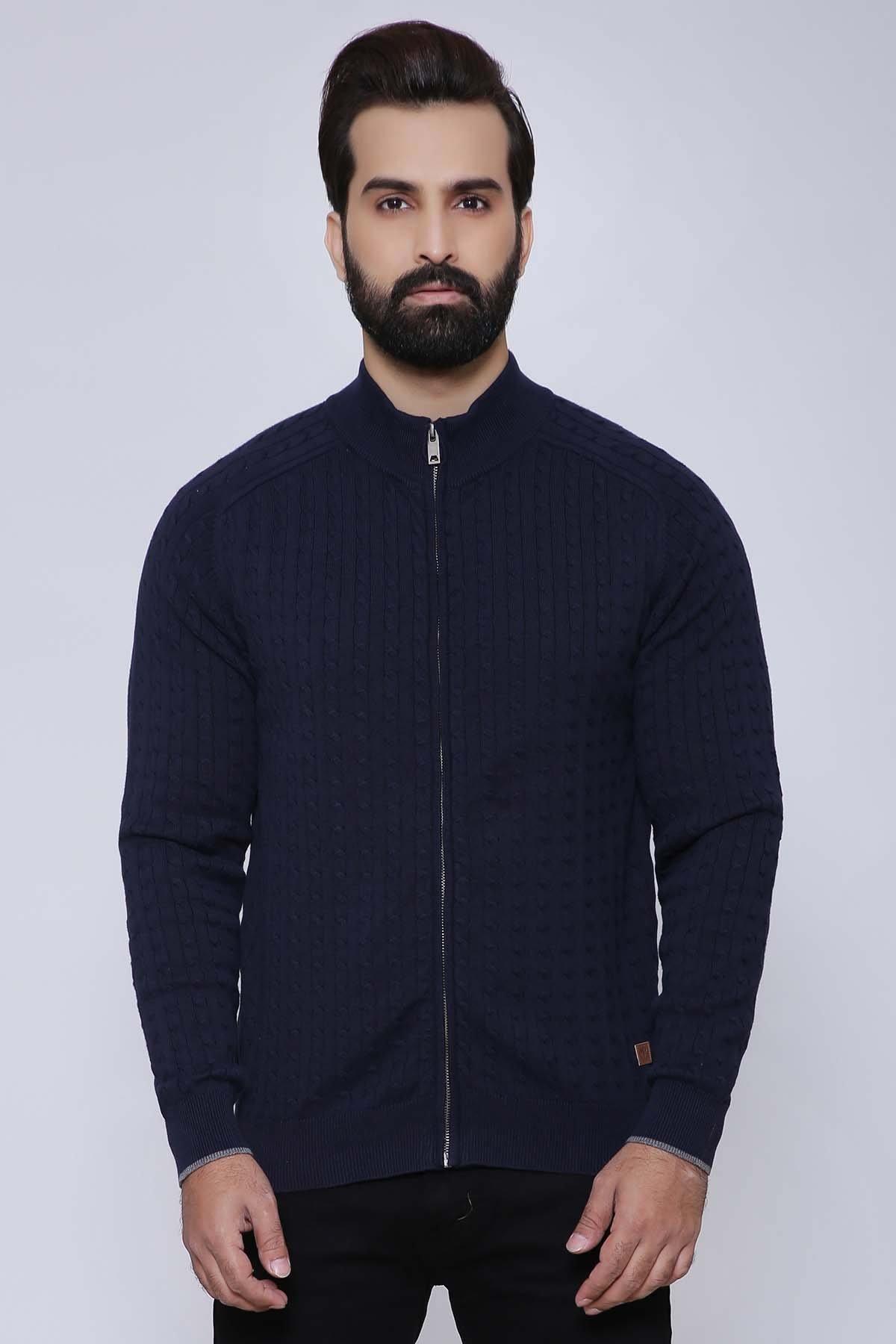 Navy full-sleeve zip-up sweater with ribbed knit and high collar