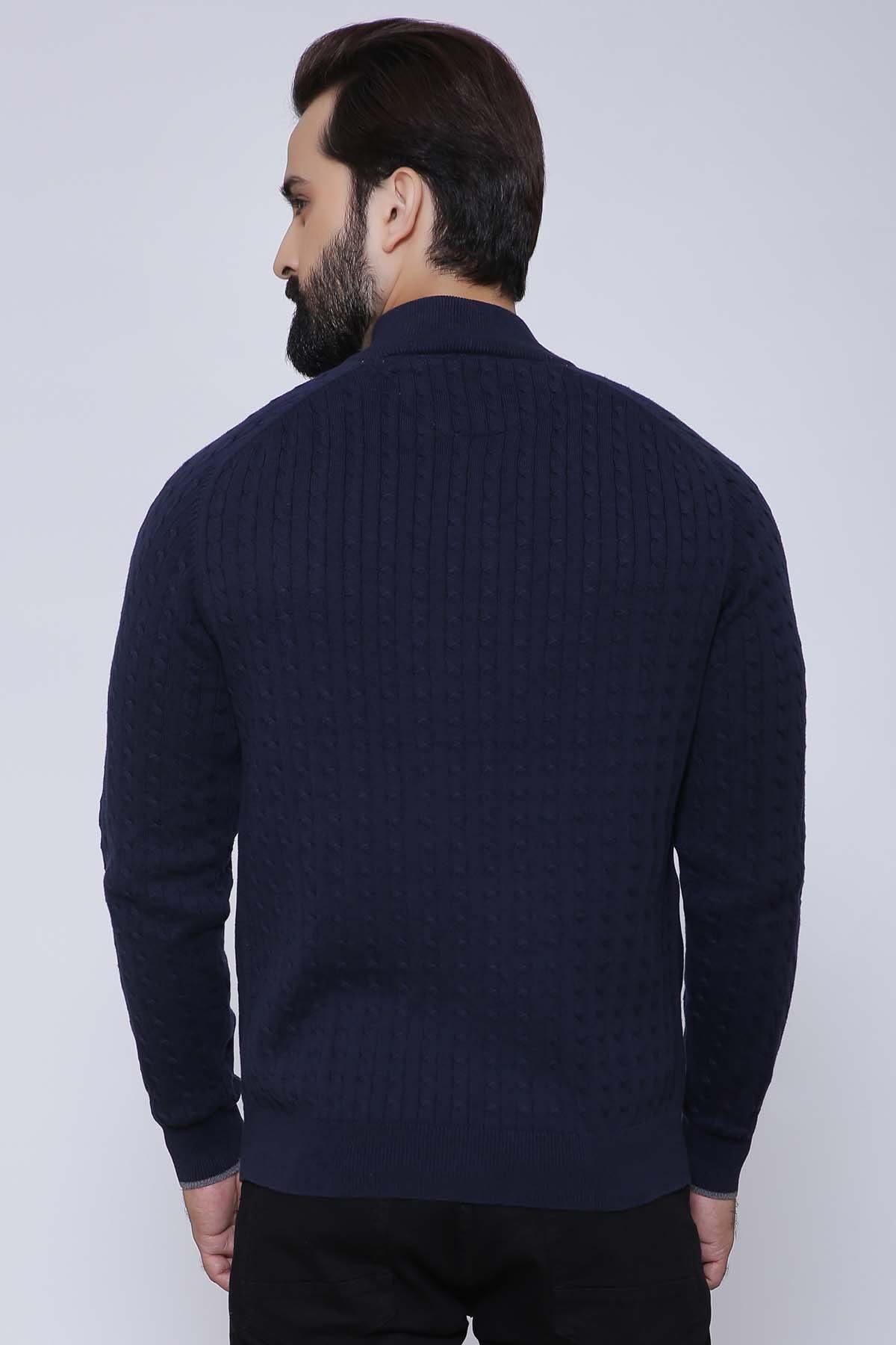 Navy zip-up knit sweater, back view, ribbed texture and full sleeves