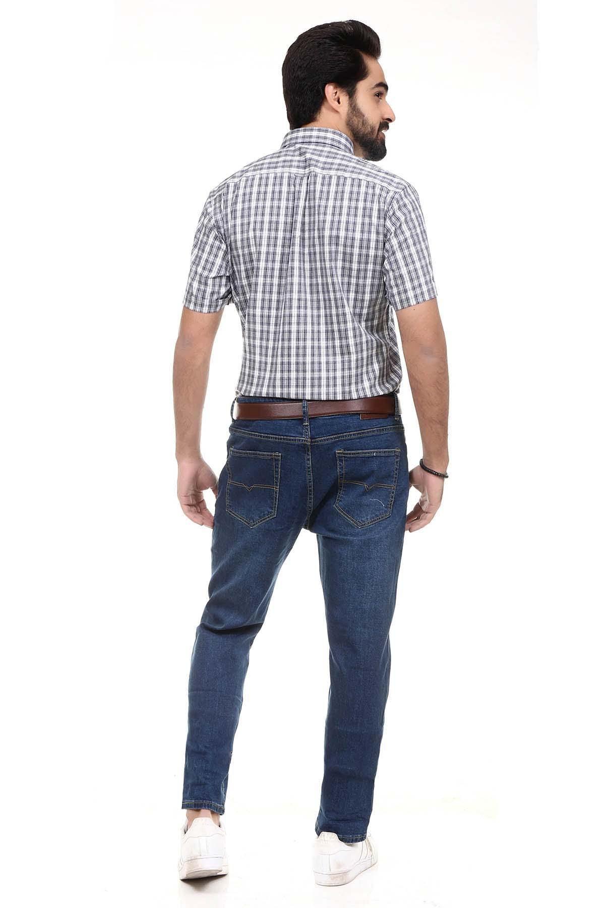 Men's short-sleeve check button-up shirt, back view in navy and white plaid