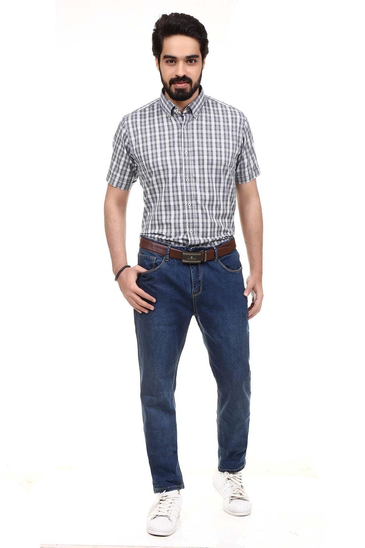 Men's short-sleeve check button-up shirt with navy and white grid pattern