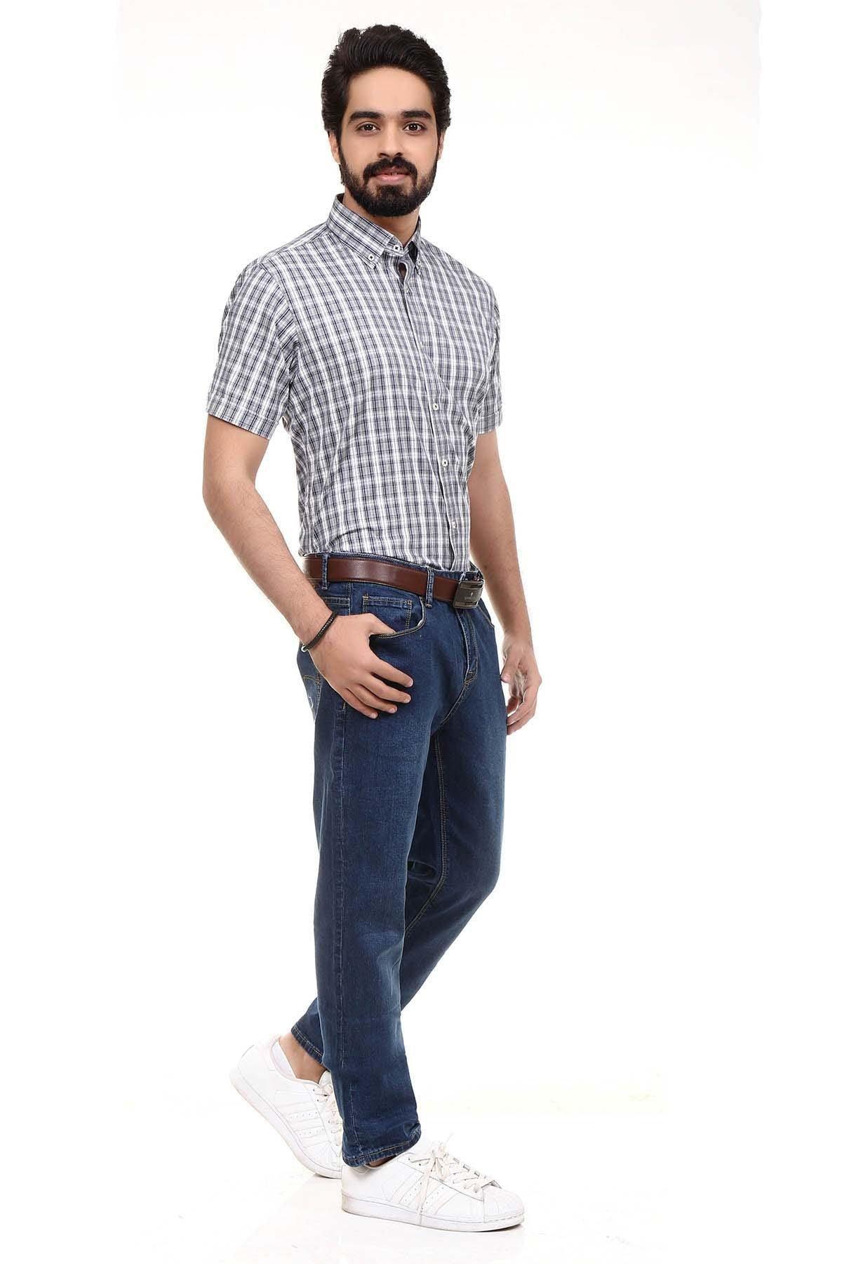 Men's short-sleeve check button-up shirt, navy and white plaid