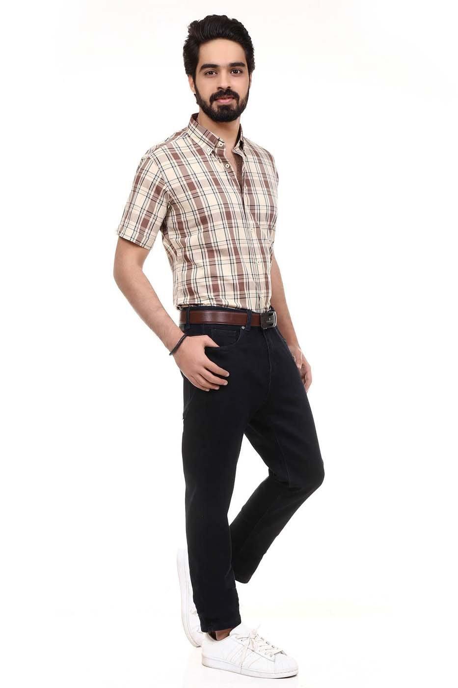 Men's half-sleeve plaid shirt in light brown and green, button front and collar