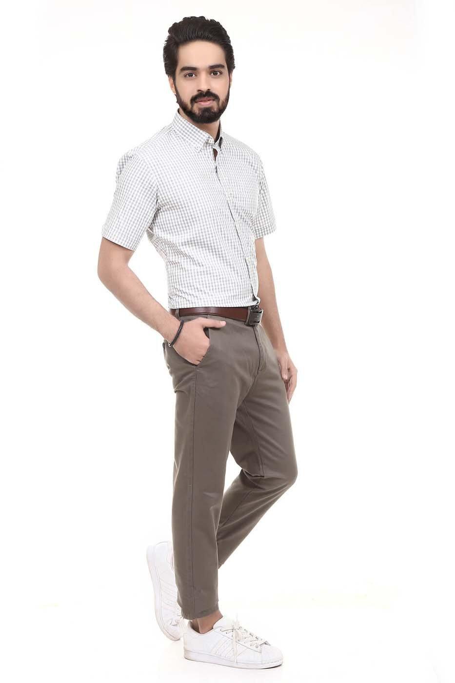 Grey/white checked half-sleeve button-up shirt, front 3/4 view