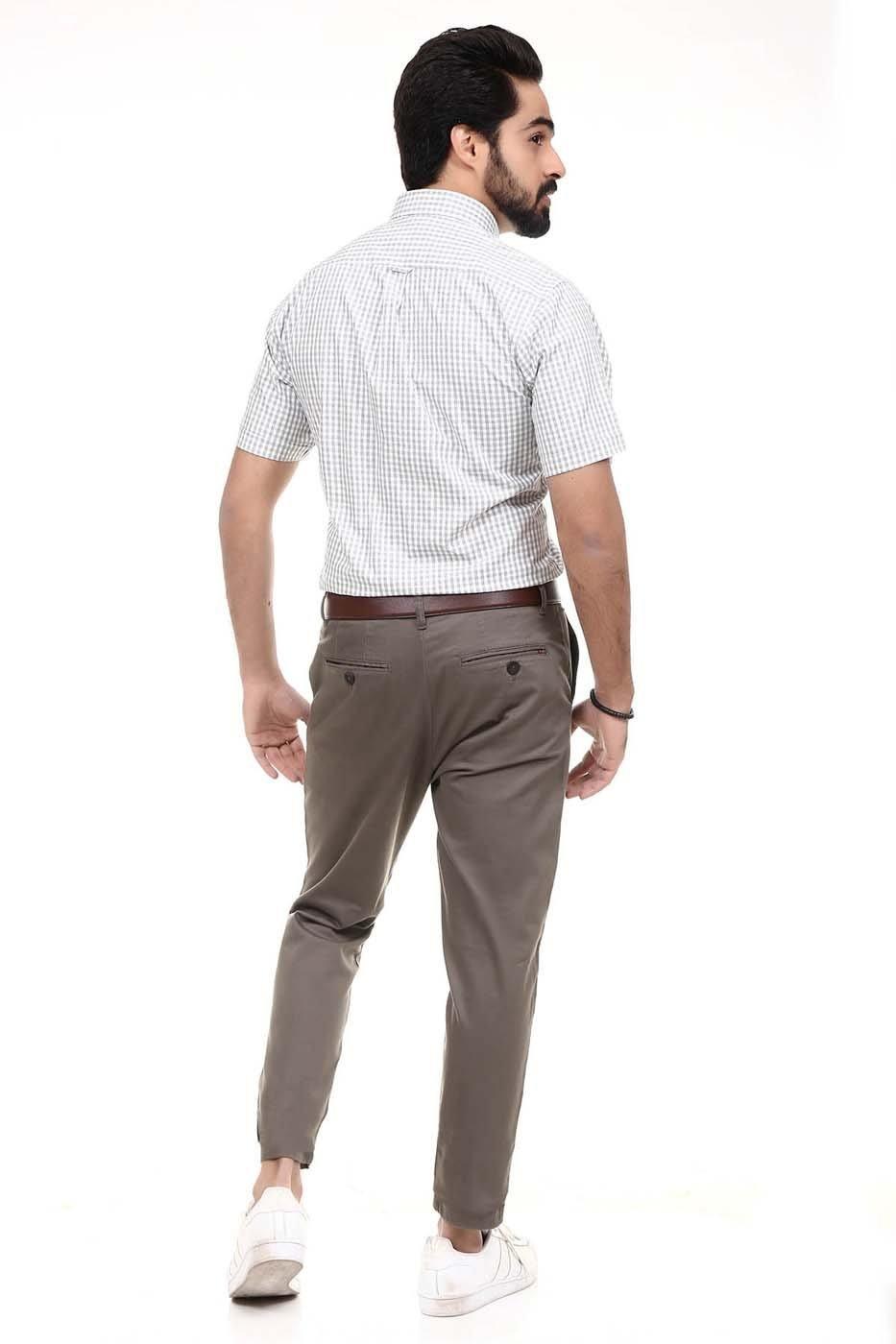 Grey/white checked half-sleeve button-up shirt, back view