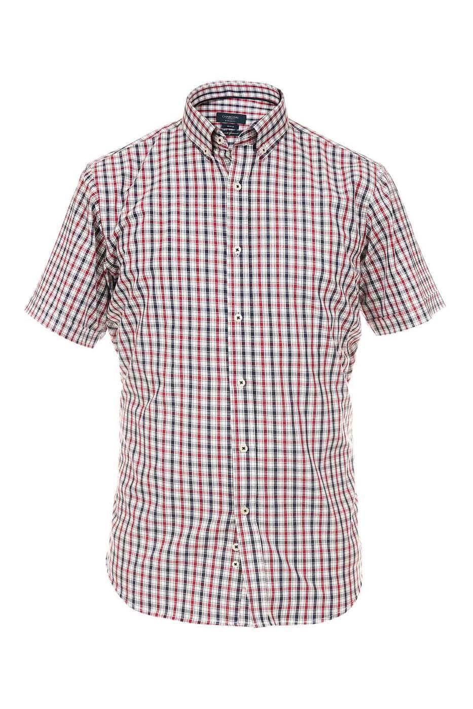 Short-sleeve checkered shirt with maroon, navy, and white grid, button-front and collar