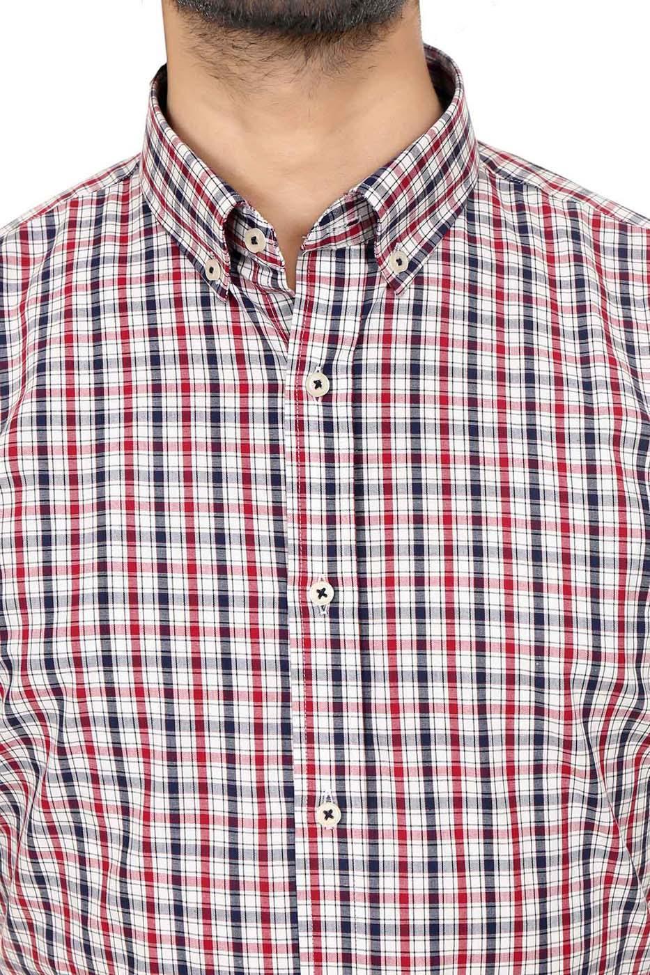 Checkered short-sleeve shirt front in maroon and navy with white lines, button placket