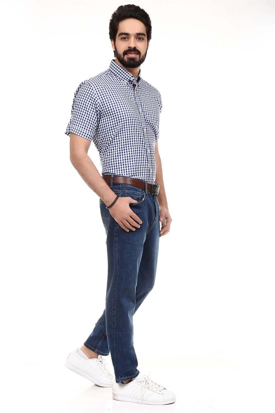 Navy and white check half-sleeve shirt with button-down collar