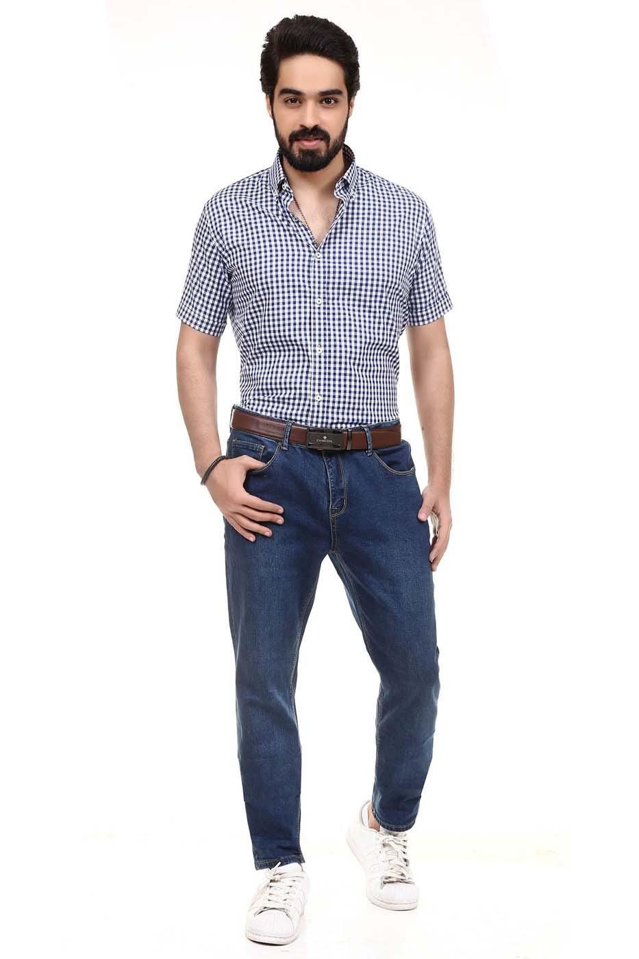 Navy and white check half-sleeve semi formal shirt with button-down collar