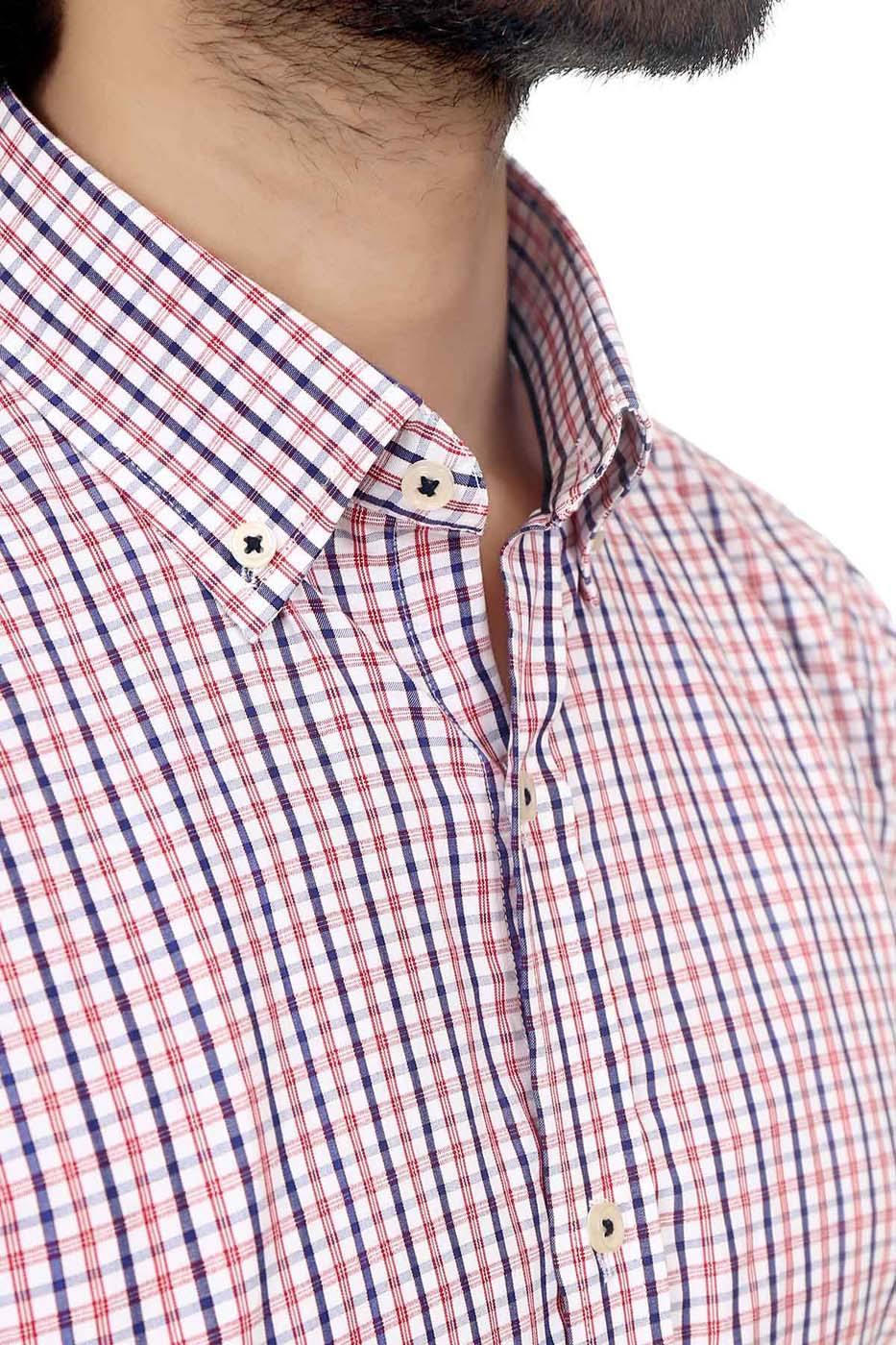 Men's semi-formal short-sleeve shirt, red and navy check, chest pocket details